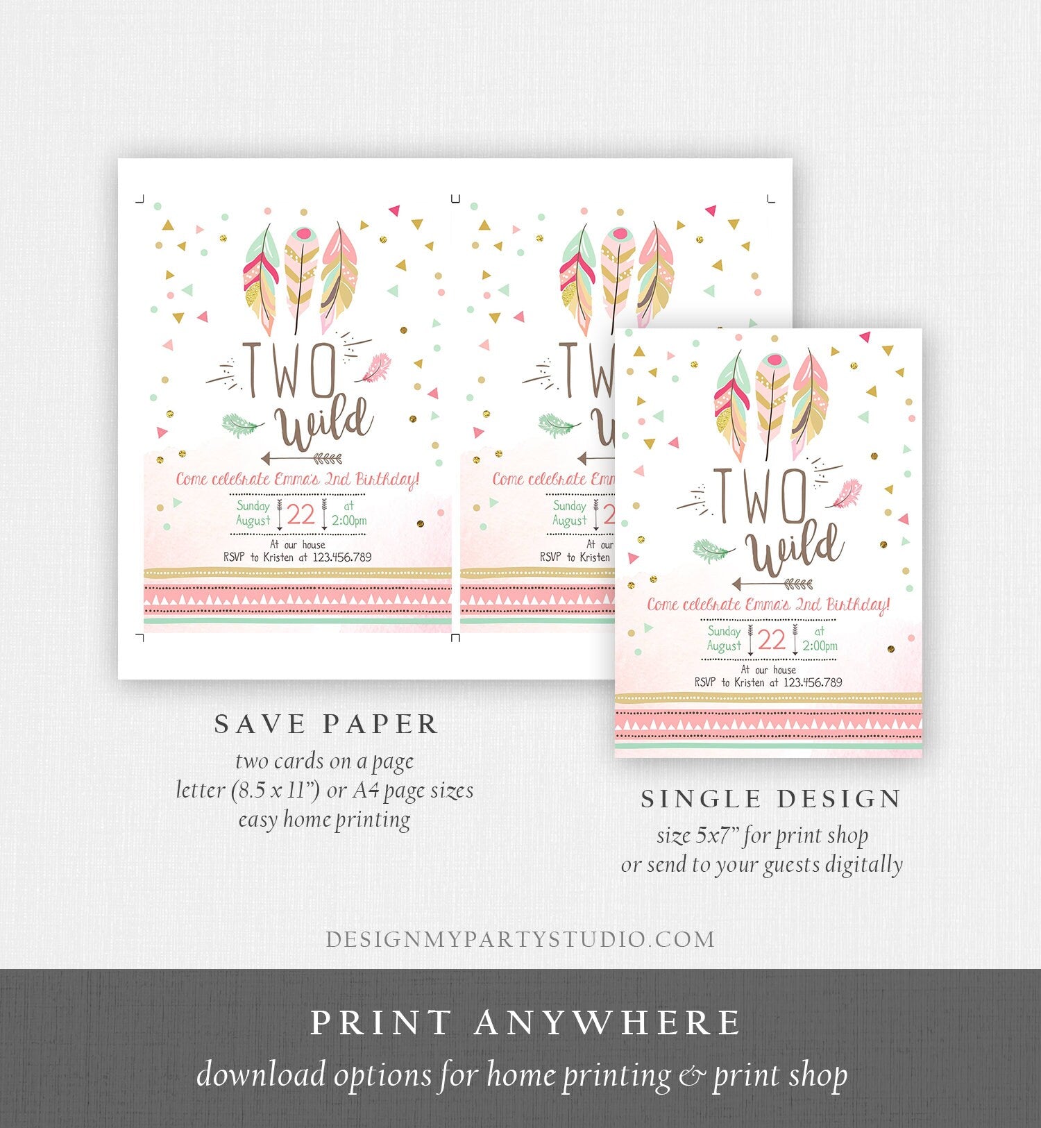 Editable Two Wild Birthday Invitation Feathers Tribal Girl Pink Boho Arrow Coral Mint Instant Download Printable Corjl Template Digital 0073