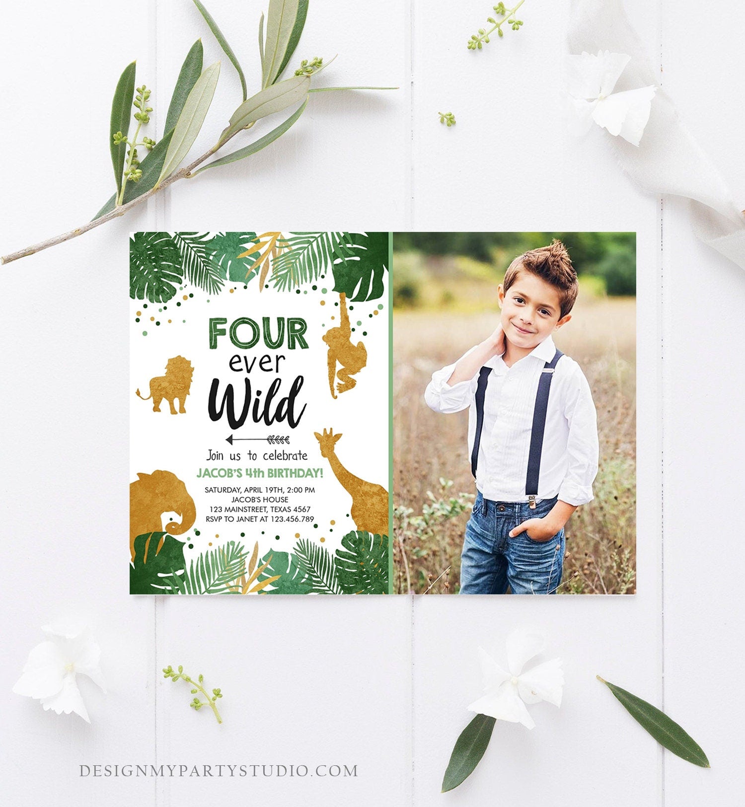 Editable Fourever Wild Birthday Invitation Safari Animals Jungle Zoo Party Boy Gold Fourth Birthday 4th Four Printable Corjl Template 0016