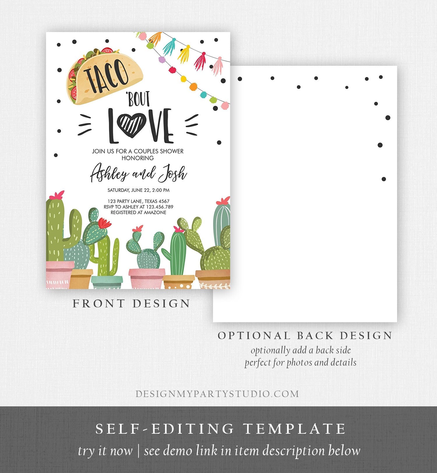 Editable Taco Bout Love Fiesta Couples Shower Invitation Cactus Succulent Green Pink Download Printable Corjl Template 0254