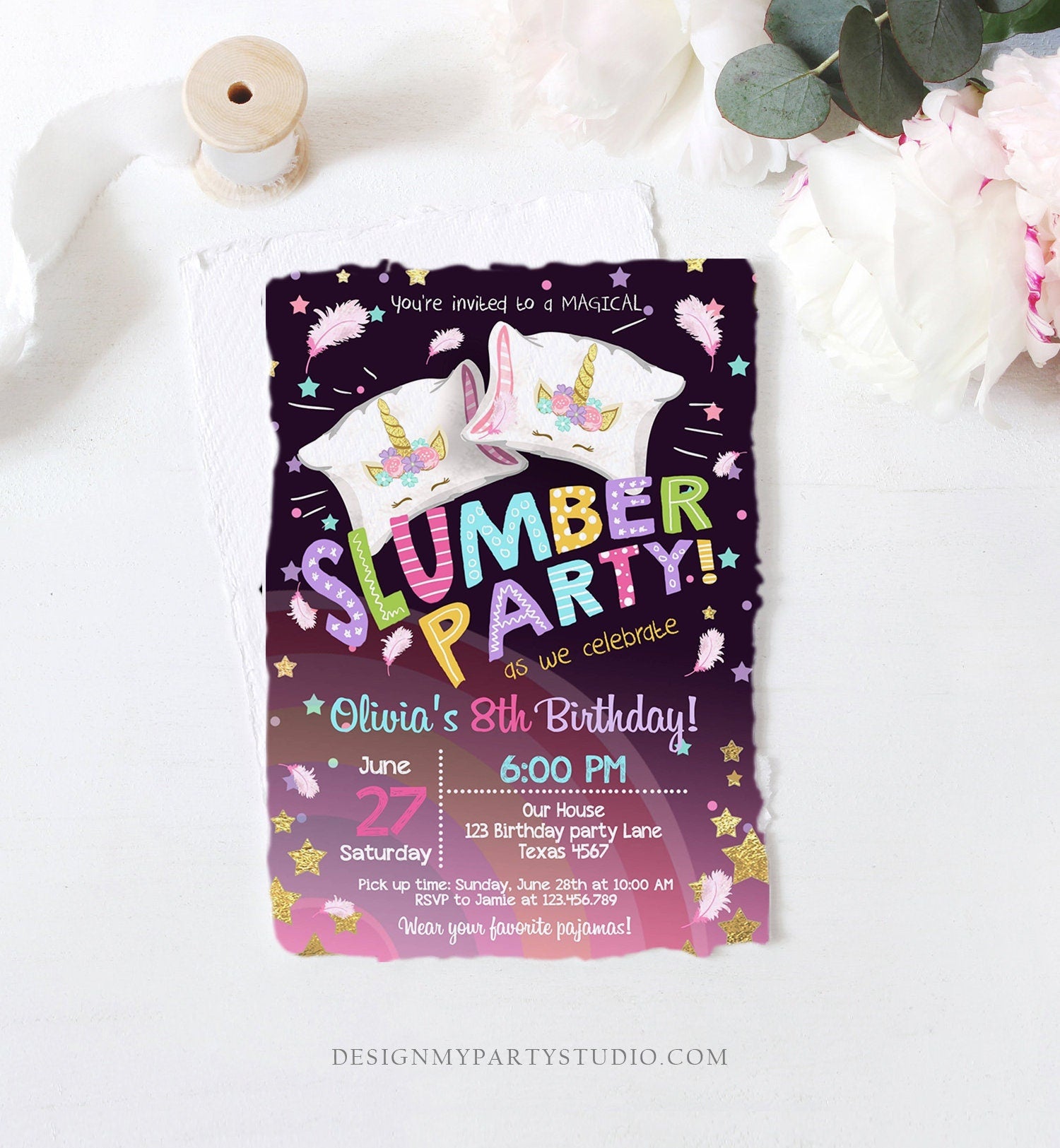 Editable Unicorn Slumber Party Birthday Invitation Sleepover Pyjamas Girl Pink Gold Rainbow Gold Download Printable Corjl Template 0328