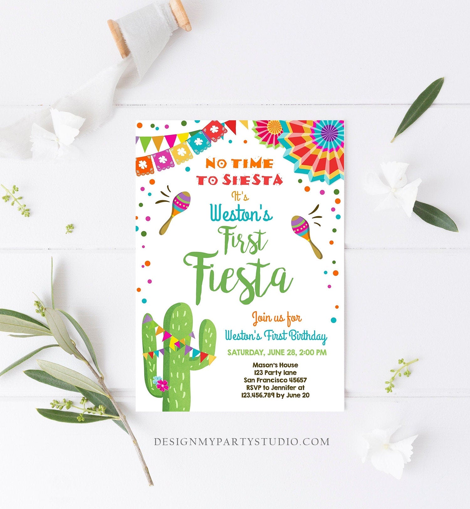 Editable First Fiesta Birthday Invitation Let&#39;s Fiesta No Time To Siesta Cactus Mexican Boy Cactus Download Corjl Template Printable 0045