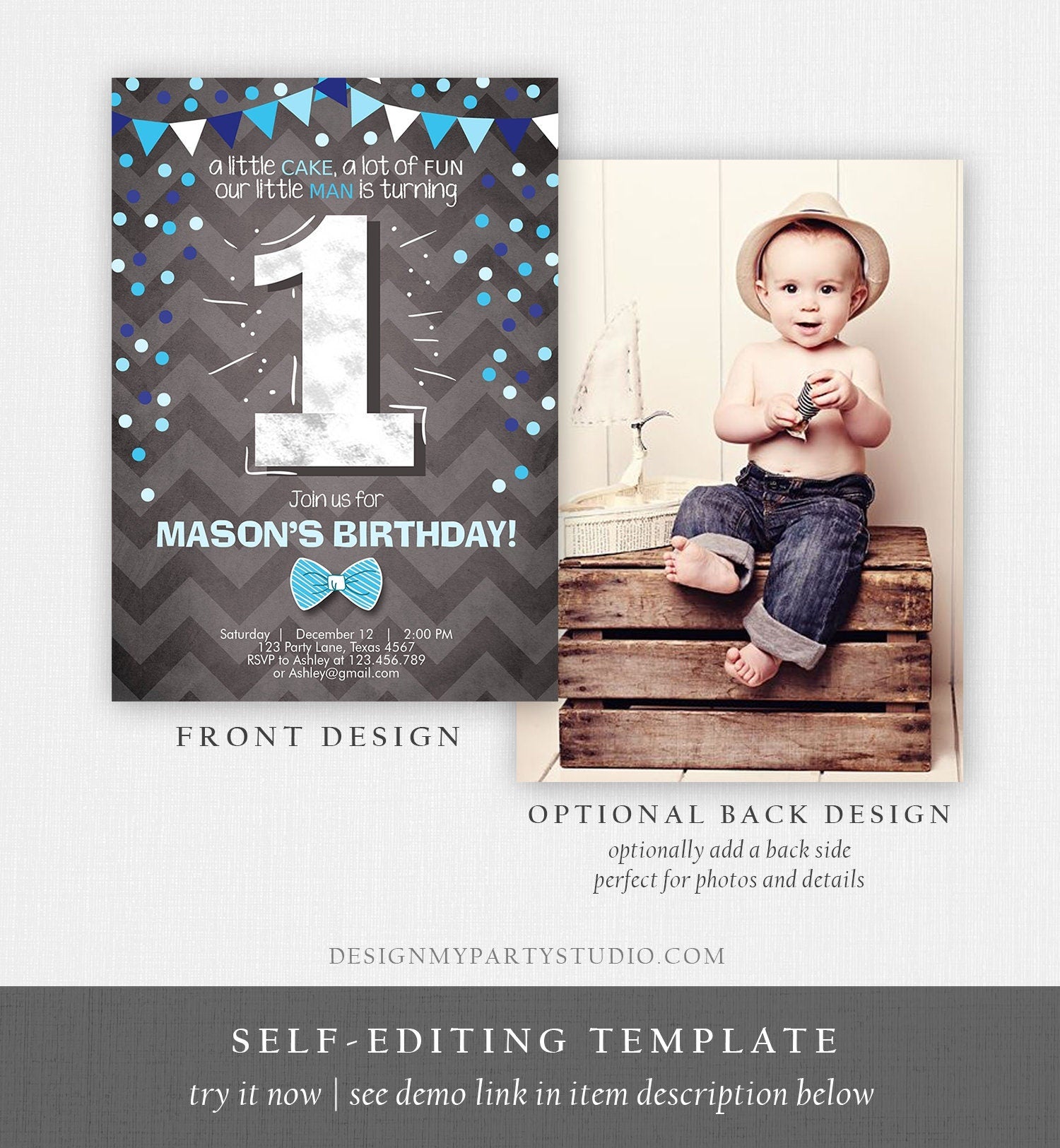 Editable First Birthday Invitation Boy One Navy Blue Chalk Confetti Boy 1st Birthday Download Printable Invite Template Editable Corjl 0071