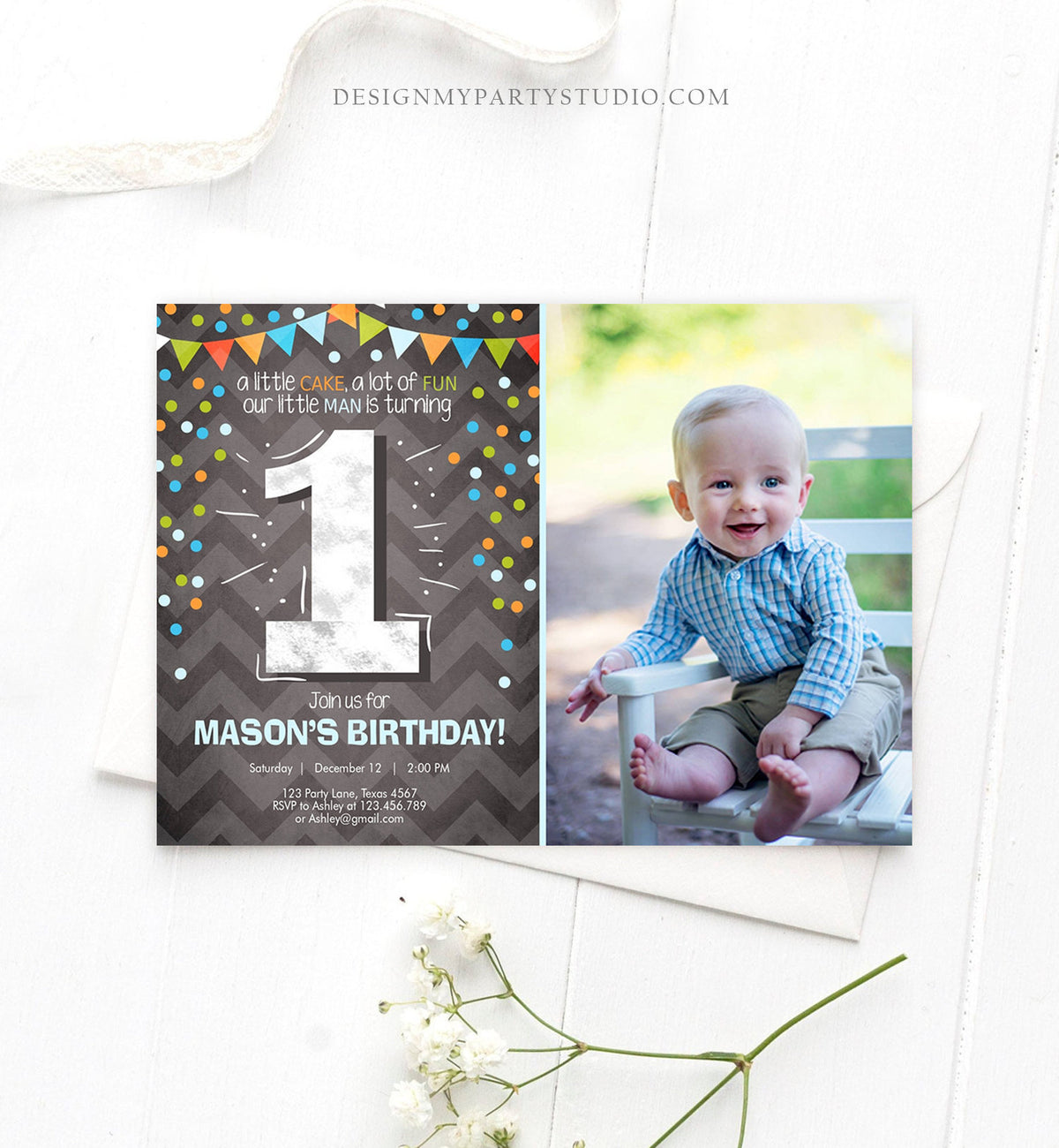 Editable First Birthday Invitation Boy One Green Blue Chalk Confetti Boy 1st Birthday Digital Download Template Evite Printable 0071