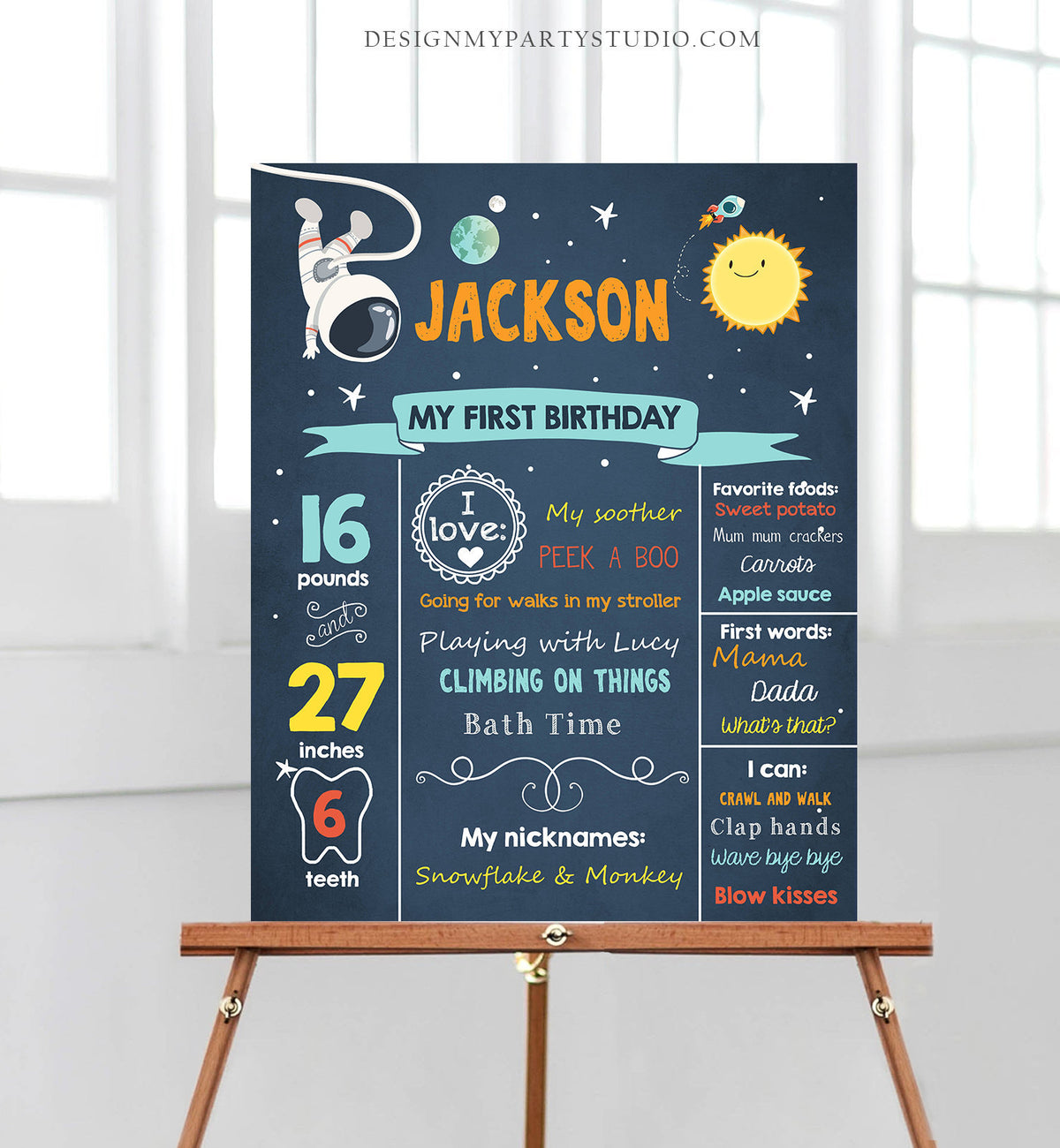 Editable Outer Space Birthday Milestones Sign Astronaut Birthday Chalkboard Boy 1st Birthday Space Rocket Corjl Template Printable 0046