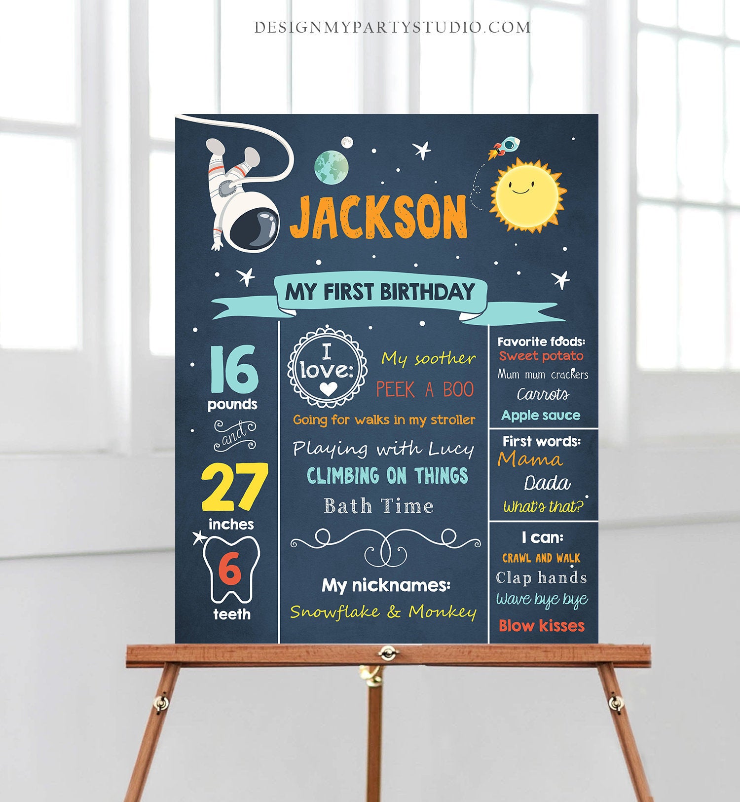 Editable Outer Space Birthday Milestones Sign Astronaut Birthday Chalkboard Boy 1st Birthday Space Rocket Corjl Template Printable 0046