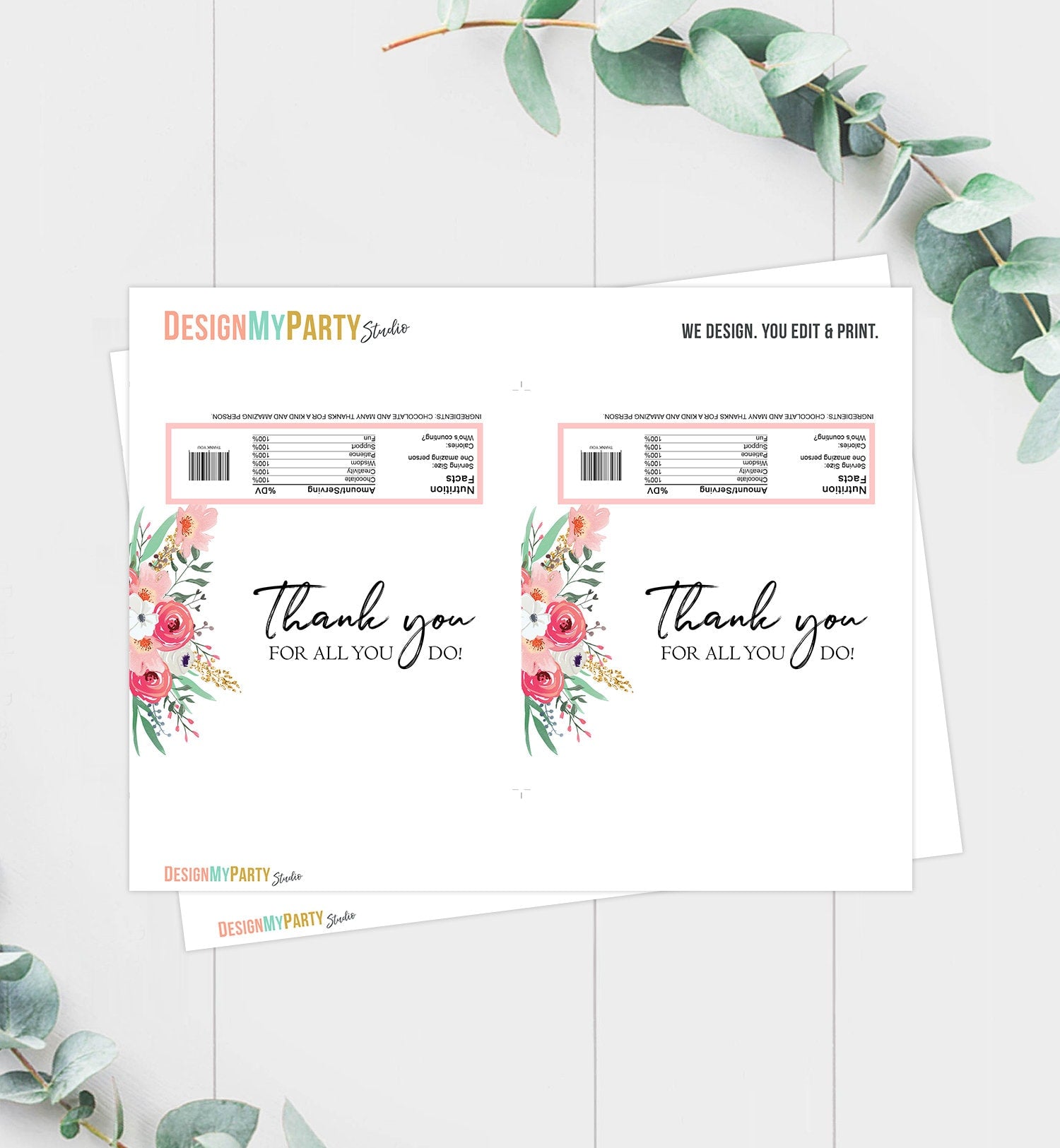 Thank You Candy Bar Wrappers Printable Employee Appreciation Gift Teacher Floral Gold Pink Chocolate Bar Download DIGITAL PRINTABLE 0464