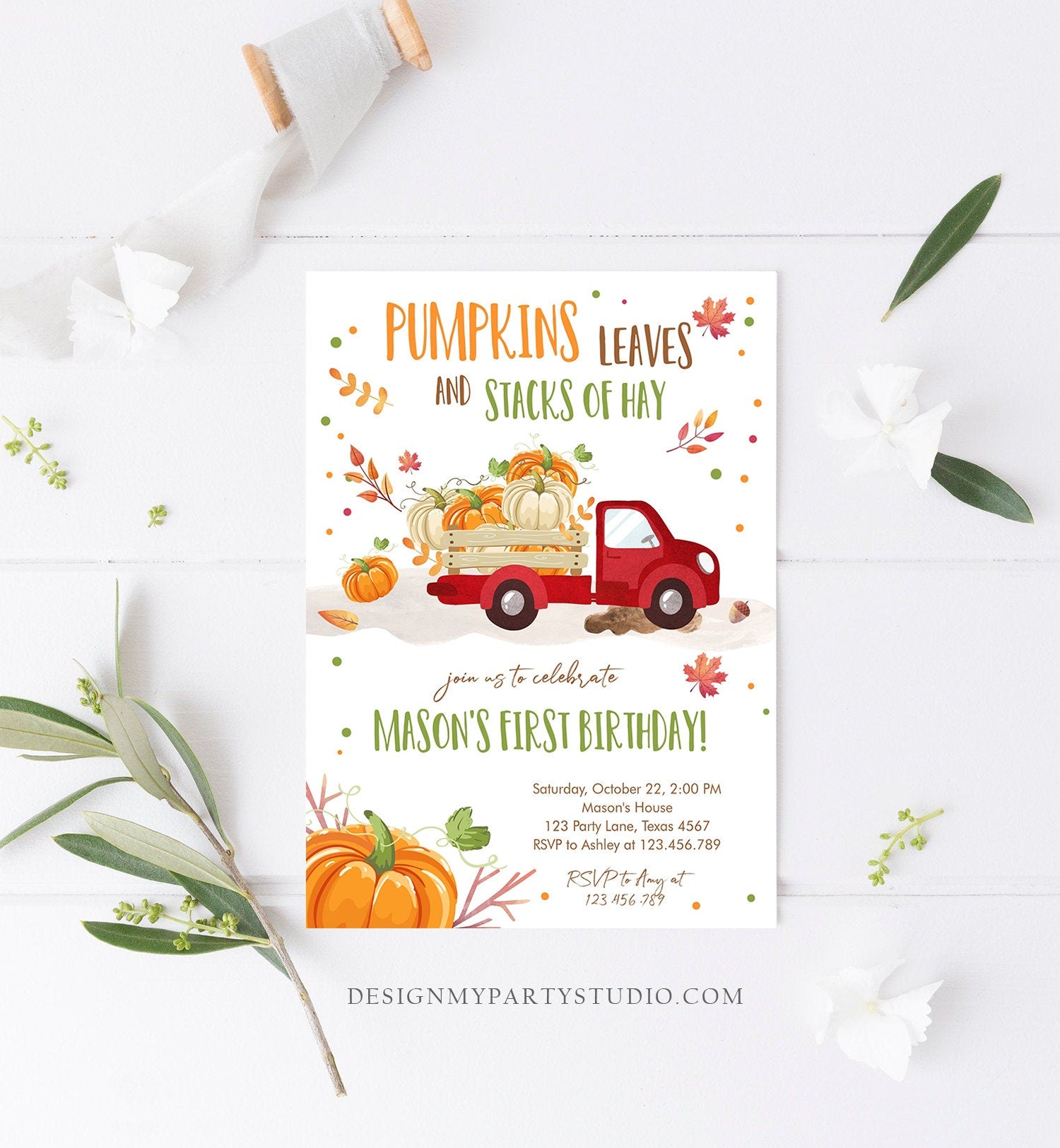 Editable Pumpkin Birthday Invitation Boy Fall Pumpkin Truck Birthday Party Red Orange Green Download Evite Corjl Template Printable 0153