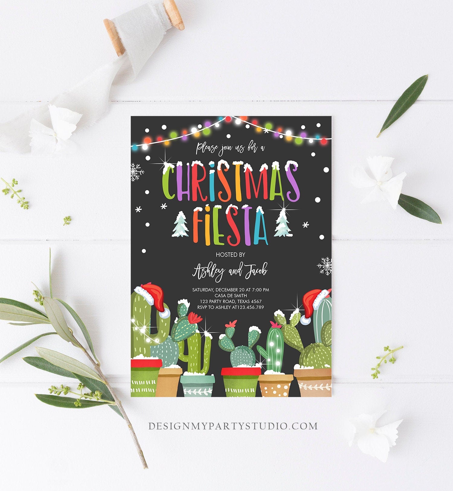 Editable Christmas Fiesta Invitation Cactus Mexican Holiday Fiesta Invite Christmas Party Mexican Download Corjl Template Printable 0273