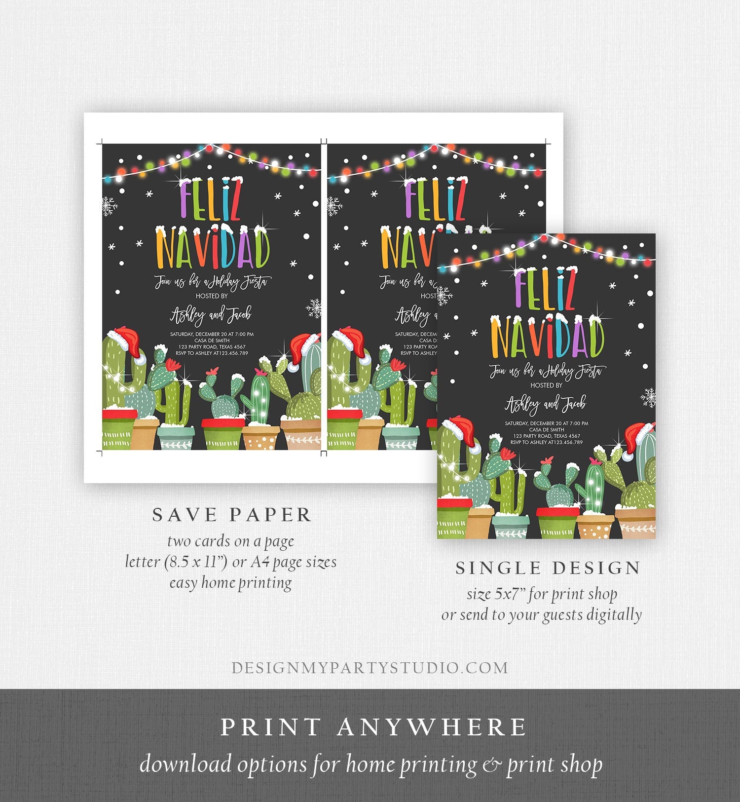 Editable Feliz Navidad Christmas Fiesta Invitation Cactus Mexican Holiday Fiesta Xmas Party Download Corjl Template Printable 0273