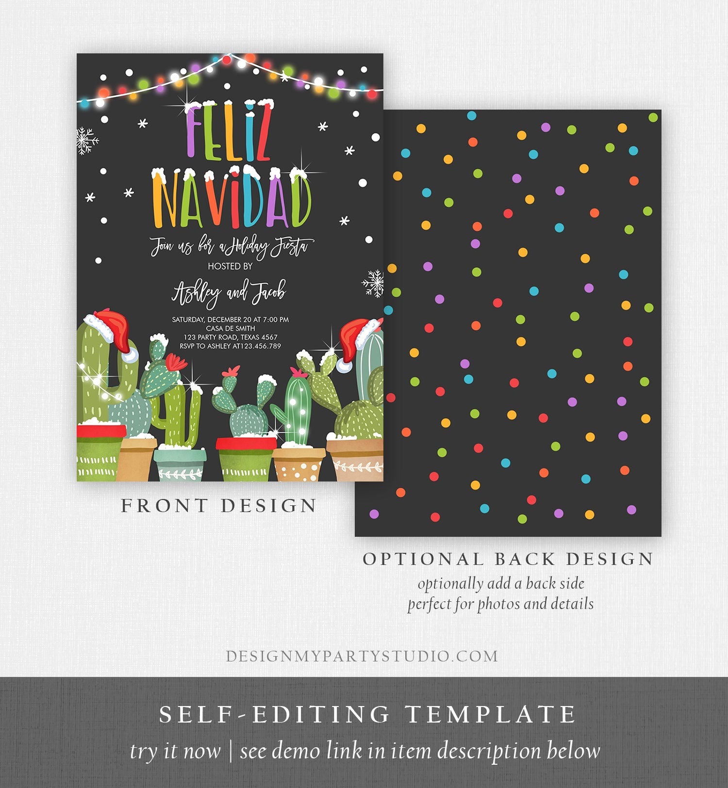 Editable Feliz Navidad Christmas Fiesta Invitation Cactus Mexican Holiday Fiesta Xmas Party Download Corjl Template Printable 0273