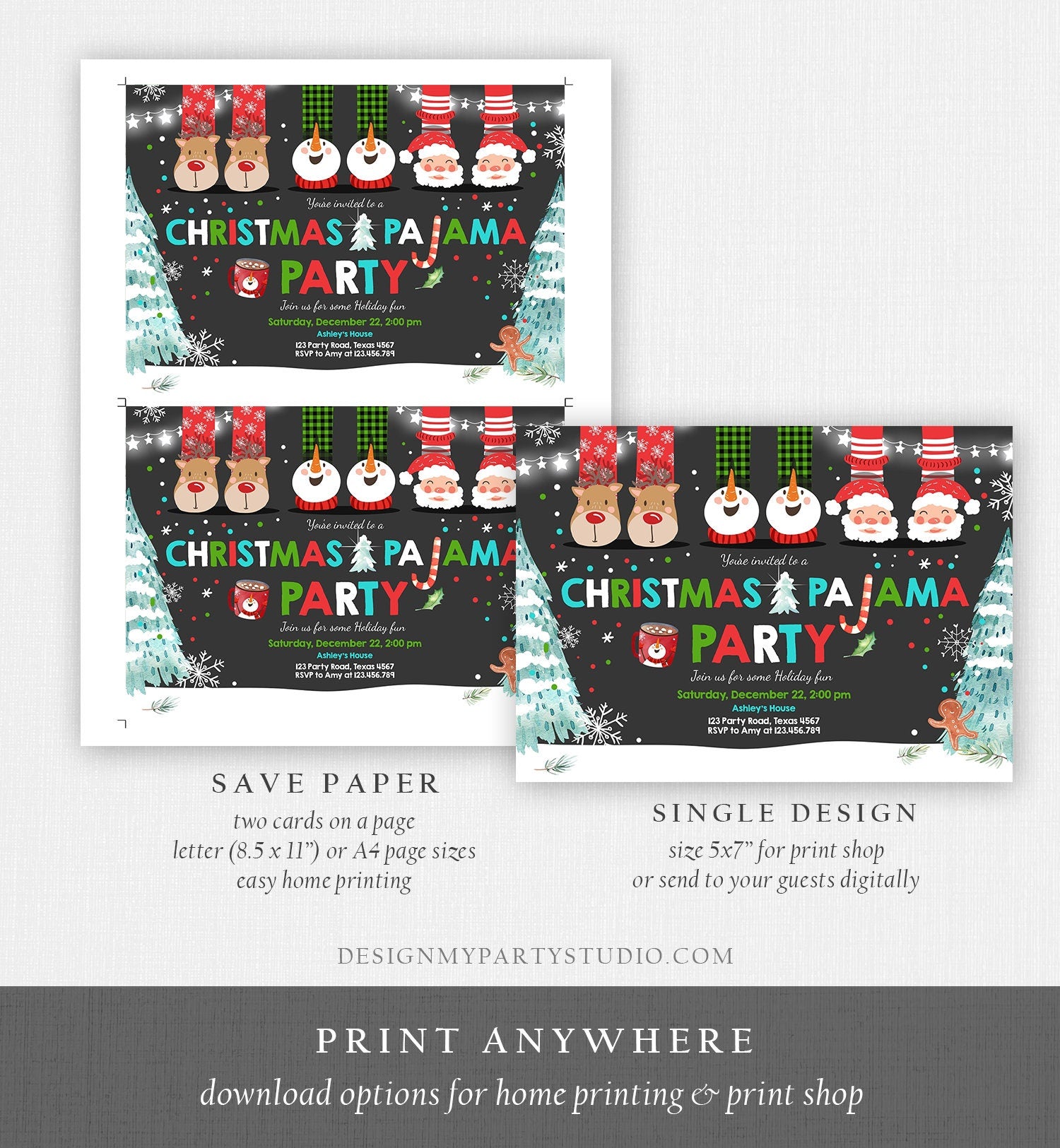 Editable Christmas Pajama Party Christmas Birthday Invitation Pancakes Xmas Party Sleepover Download Printable Corjl Template Digital 0274