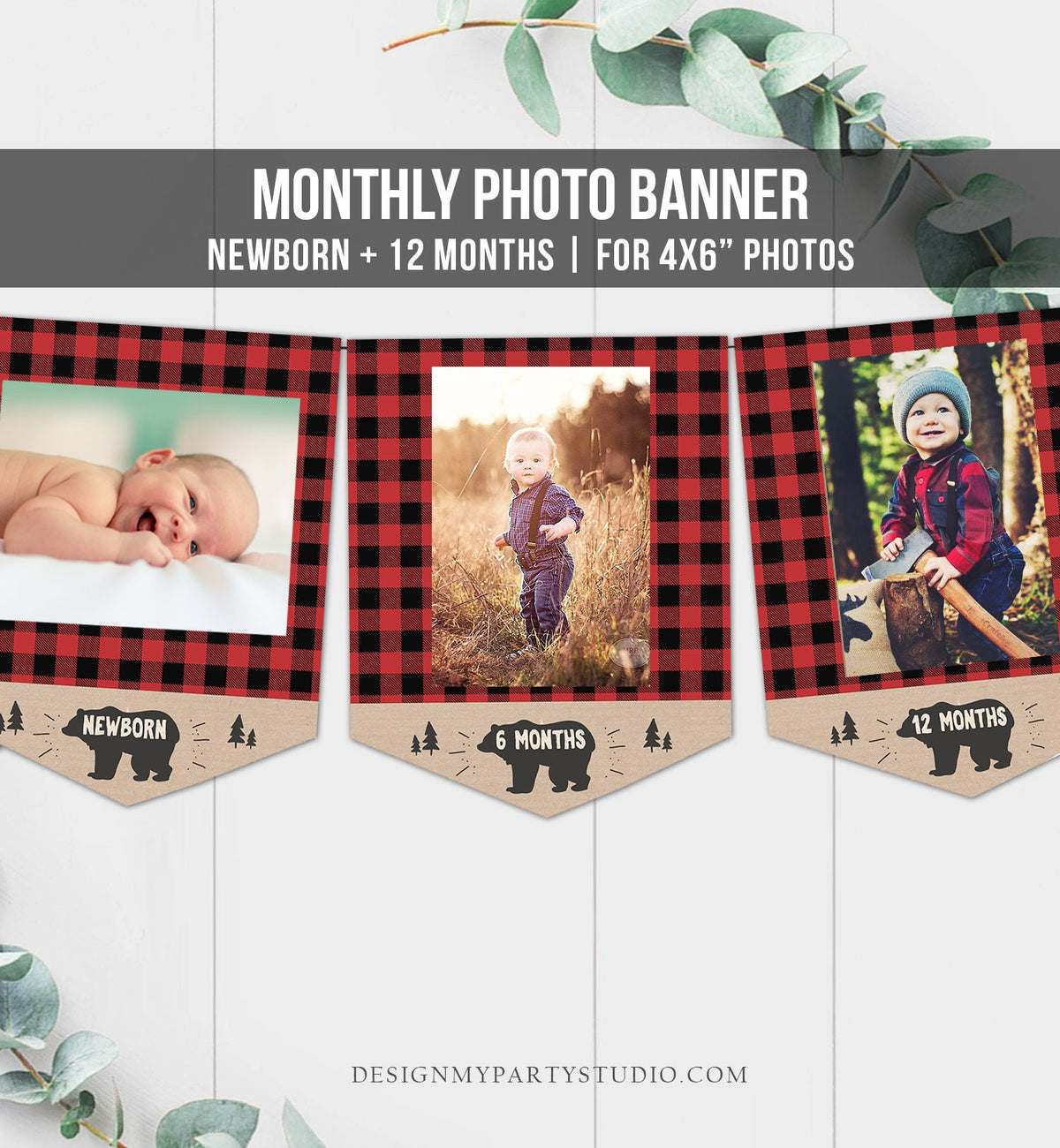 Lumberjack First Birthday Banner Monthly Photo Banner Buffalo Plaid Party Decor Instant Digital Download Printable 0026