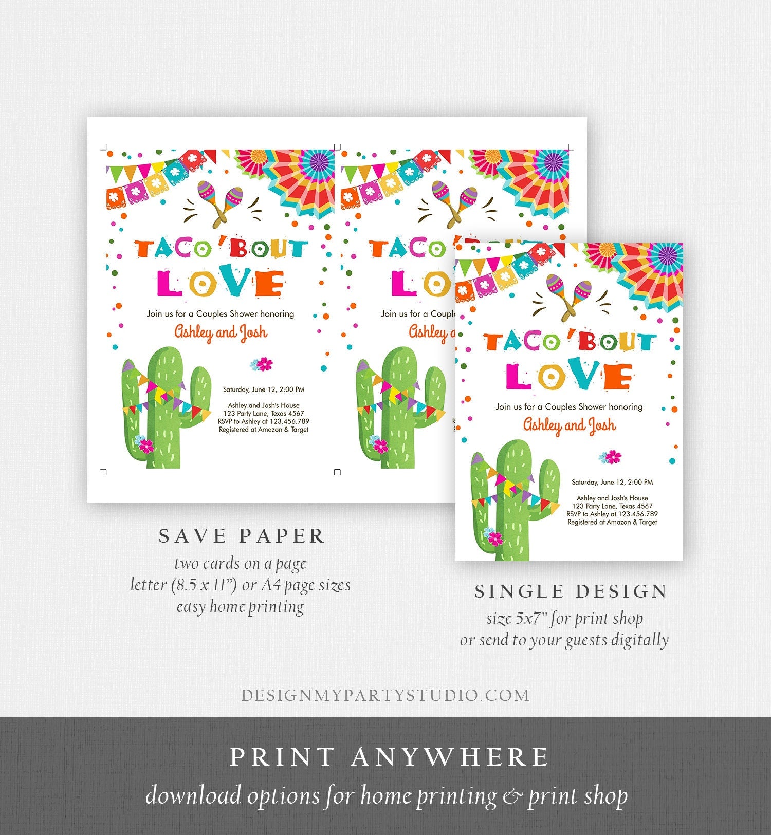 Editable Taco Bout Love Fiesta Couples Shower Invitation Couples Coed Joined Cactus Mexican Digital Download Evite Template Printable 0045