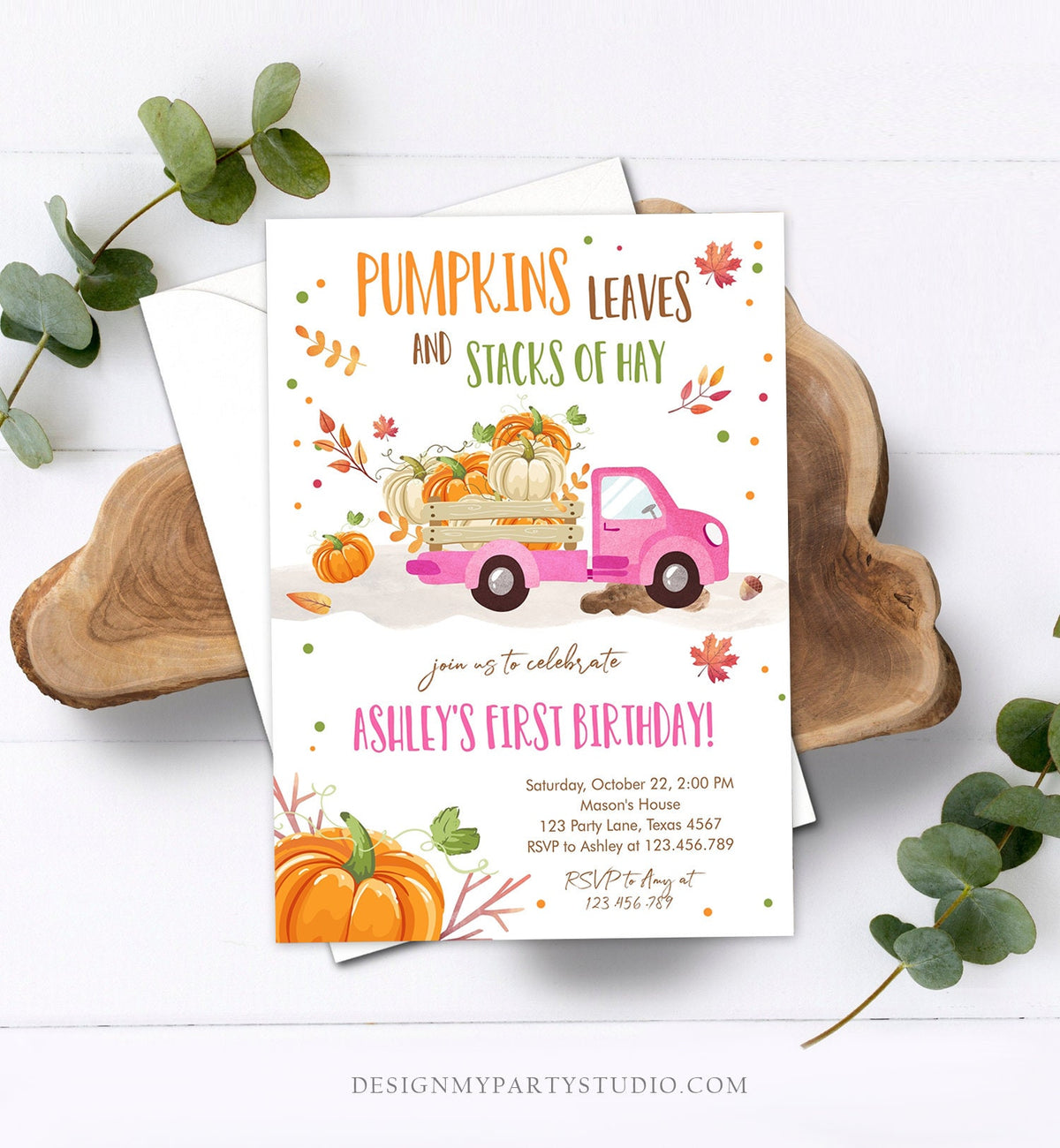 Editable Pumpkin Birthday Invitation Girls Fall Girl Pumpkin Truck Birthday Party Pink Orange Download Evite Template Corjl Printable 0153