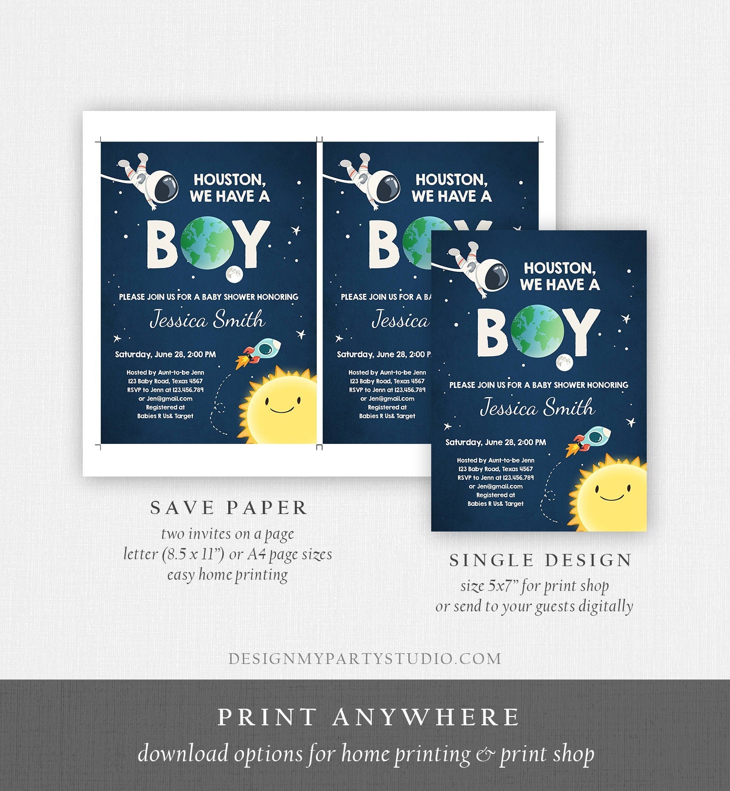 Editable Space Baby Shower Invitation Astronaut Rocket It's a Boy Space Ship Boy Blue Invitation Template Instant Download Corjl 0046