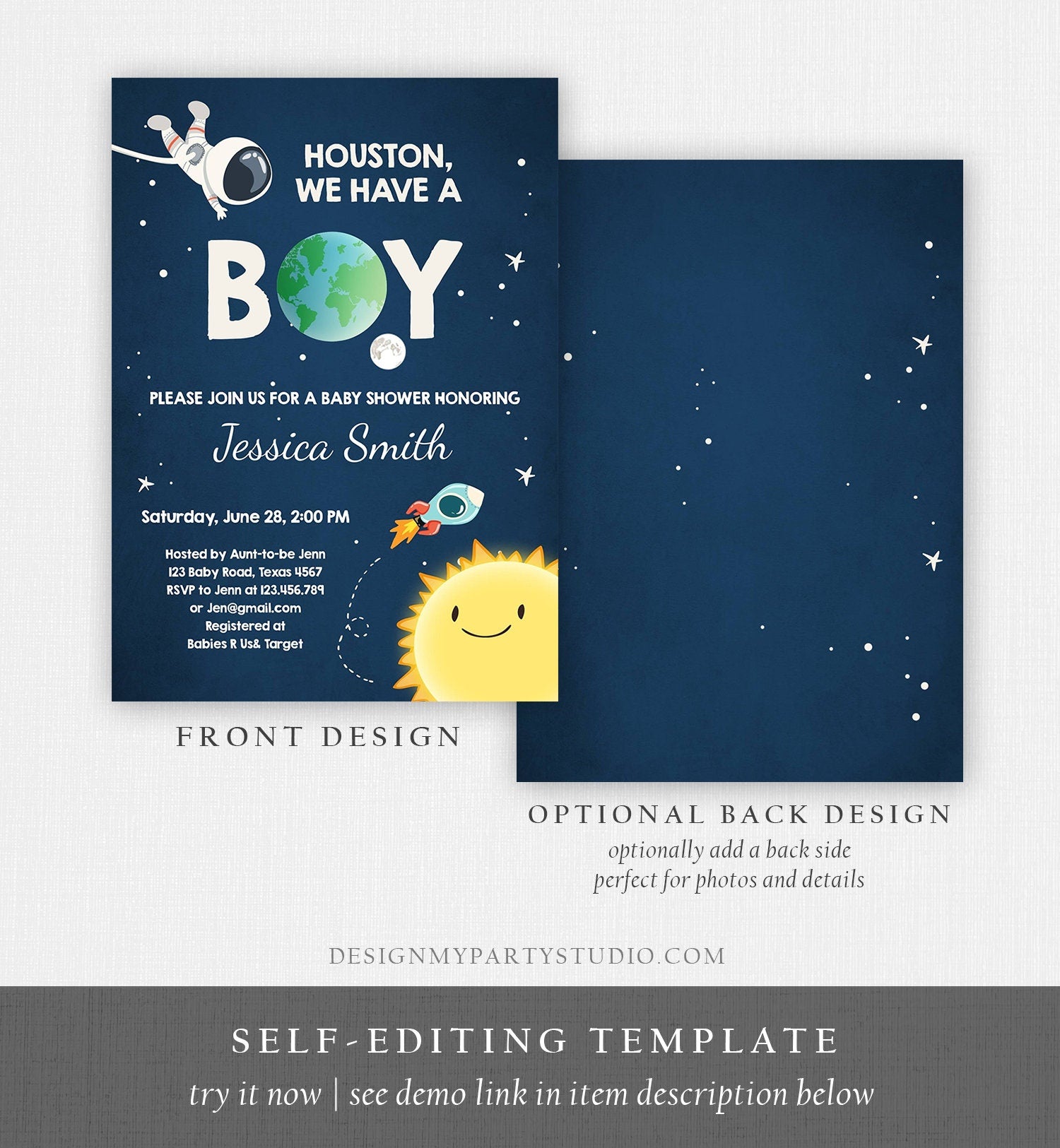 Editable Space Baby Shower Invitation Astronaut Rocket It's a Boy Space Ship Boy Blue Invitation Template Instant Download Corjl 0046