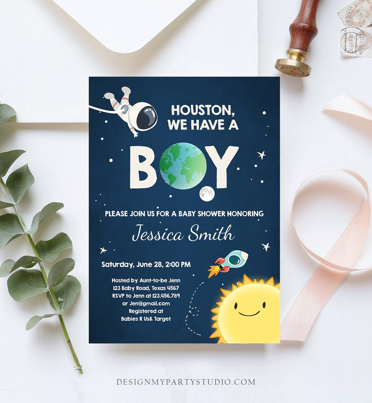 Editable Space Baby Shower Invitation Astronaut Rocket It&#39;s a Boy Space Ship Boy Blue Invitation Template Instant Download Corjl 0046