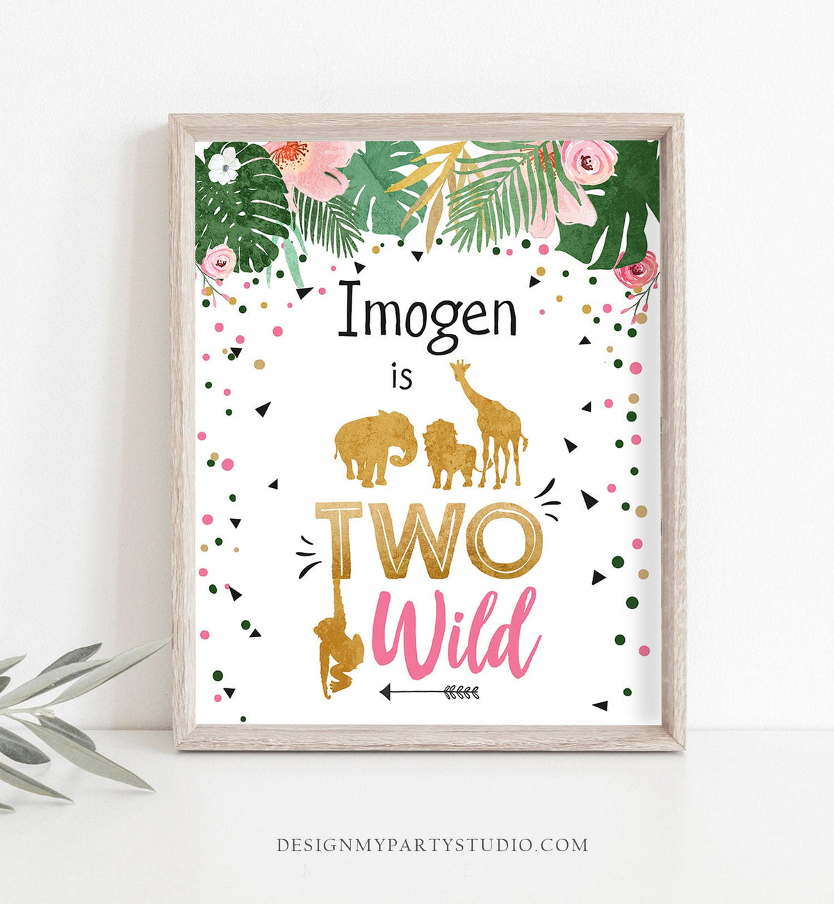 Editable Two Wild Birthday Sign Safari Animals Zoo Jungle Party Second Birthday Pink Gold Girl Wild Animals Corjl Template PRINTABLE 0016