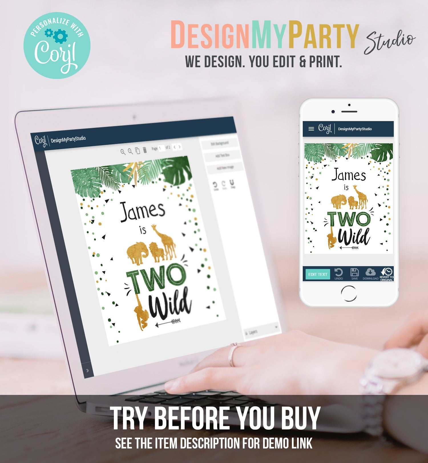 Editable Two Wild Birthday Sign Safari Animals Zoo Jungle Party Second Birthday Green Gold Black Boy 2nd Corjl Template PRINTABLE 0016