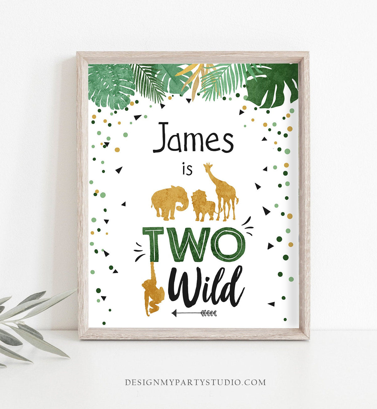 Editable Two Wild Birthday Sign Safari Animals Zoo Jungle Party Second Birthday Green Gold Black Boy 2nd Corjl Template PRINTABLE 0016