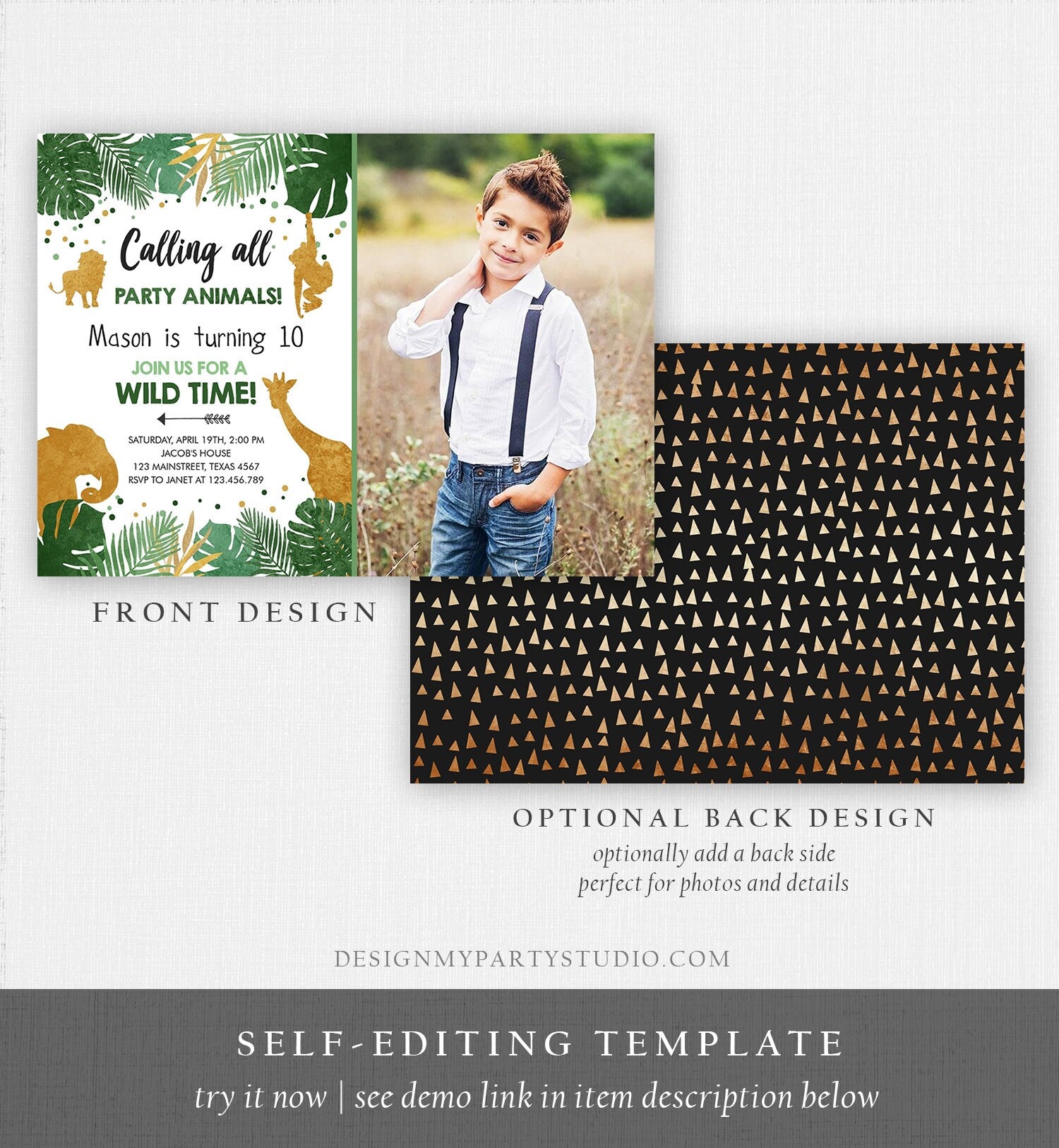 Editable Safari Animals Birthday Invitation ANY AGE Calling All Party Animals Boy Gold Green Jungle Download Printable Corjl Template 0016