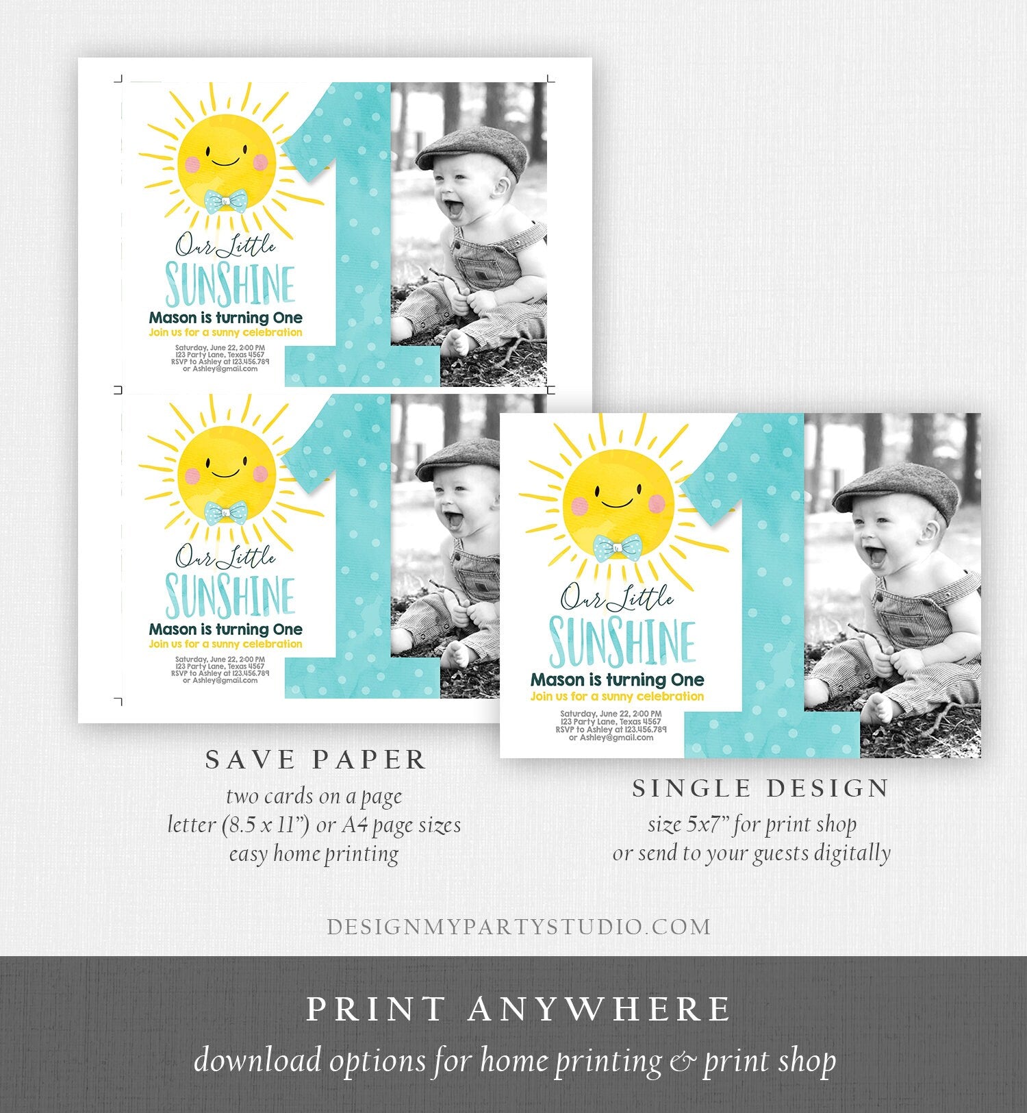 Editable Our Little Sunshine Birthday Invitation Boy Sunshine Party Blue Summer 1st First Birthday Digital Download Template Printable 0141