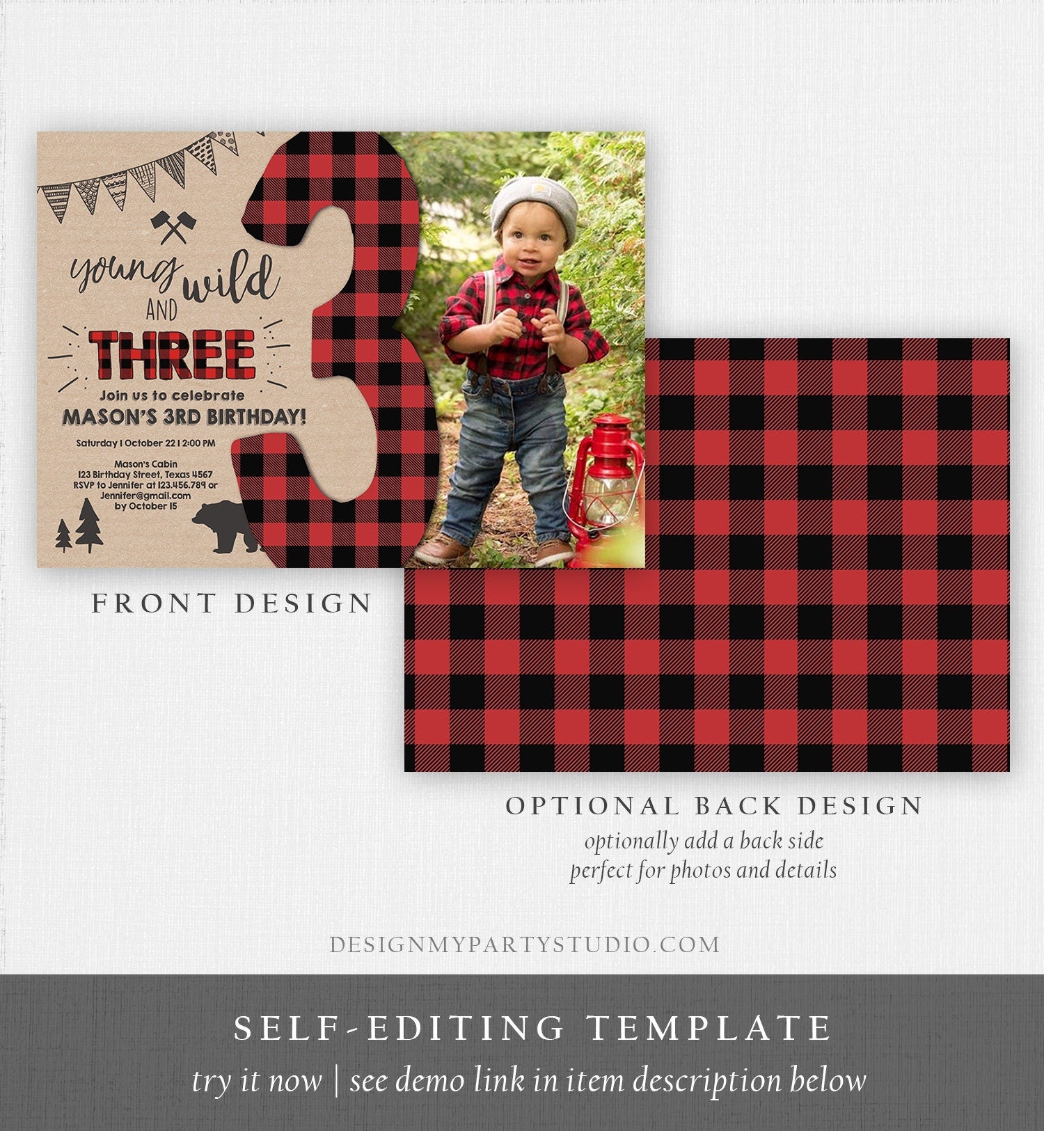 Editable Lumberjack Young Wild and Three Birthday Invitation Third Birthday 3rd Woodland Bear Red Plaid Boy Digital Template Printable 0026