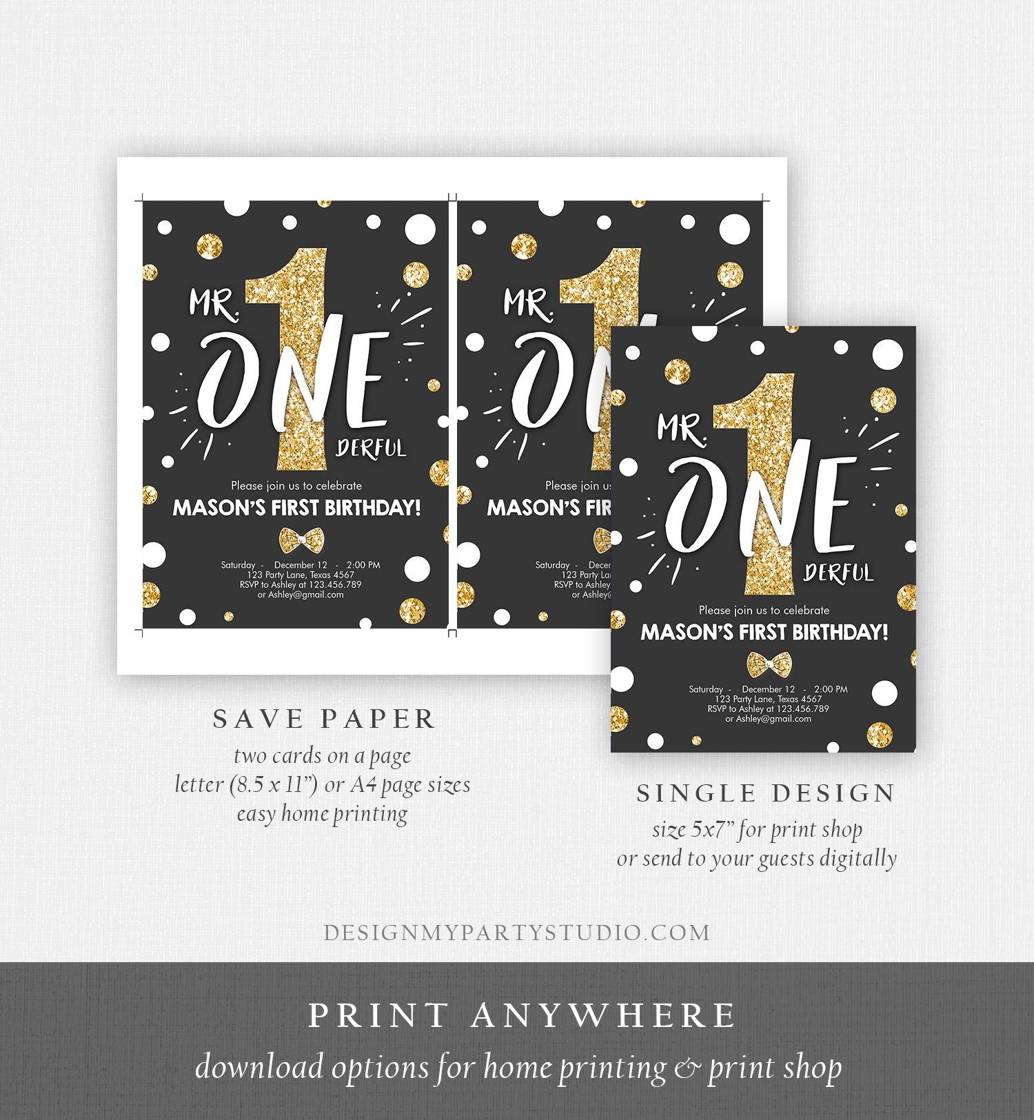 Editable Mr Onederful Birthday Invitation Black Gold Glitter Boy Bow Tie Confetti First Birthday 1st Digital Corjl Template Printable 0072