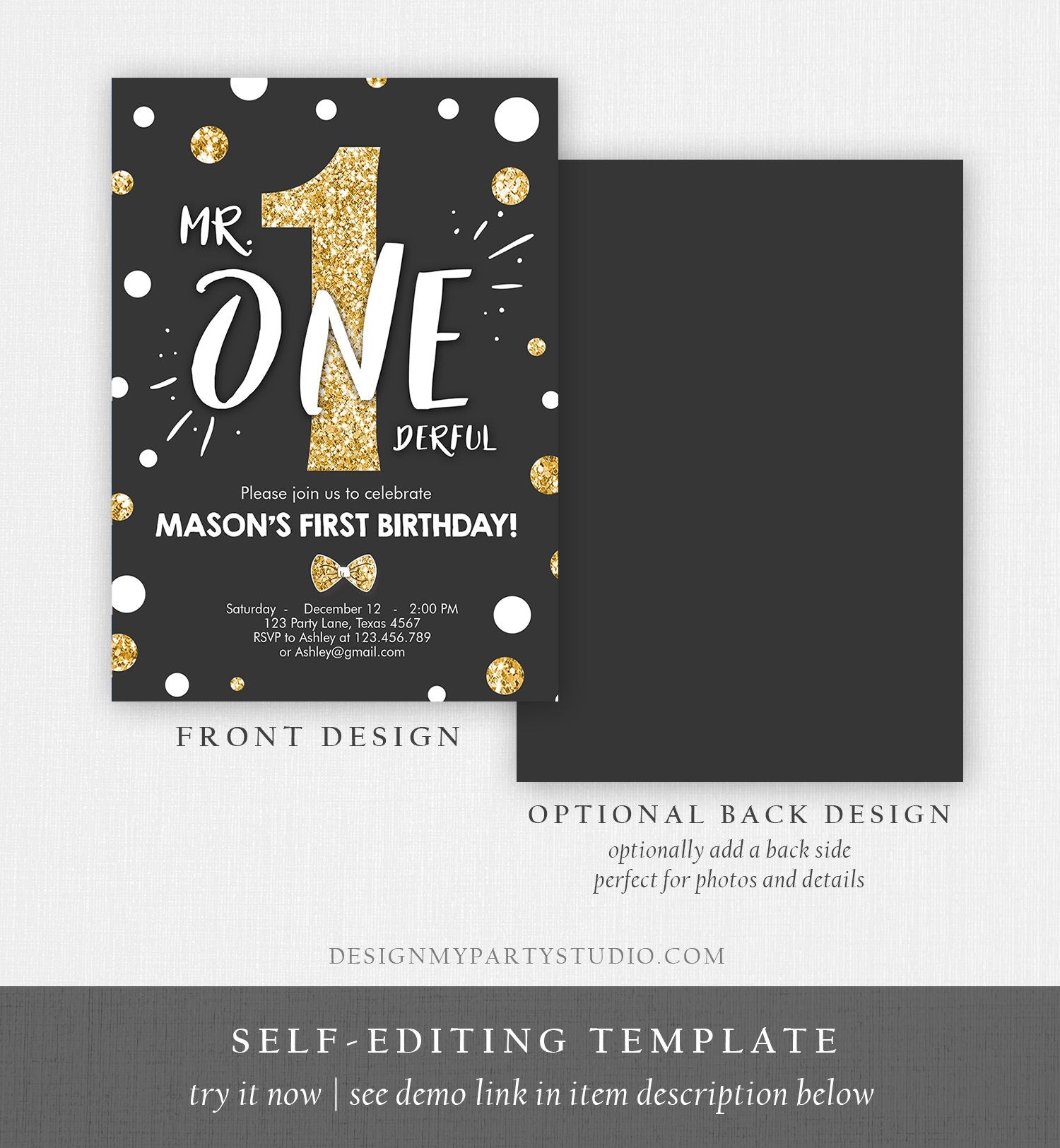 Editable Mr Onederful Birthday Invitation Black Gold Glitter Boy Bow Tie Confetti First Birthday 1st Digital Corjl Template Printable 0072