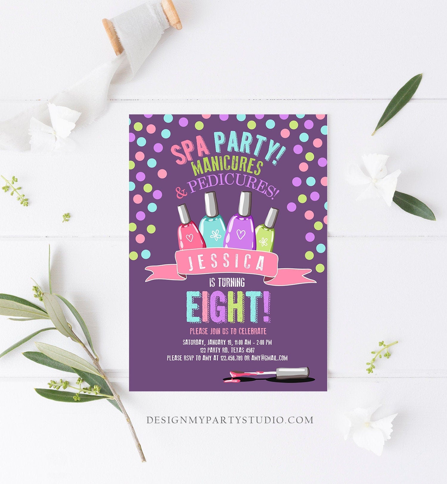 Editable Spa Birthday Invitation Manicures Pedicure Nail Salon Party Purple Polish Posh Girl Download Printable Corjl Template Digital 0210