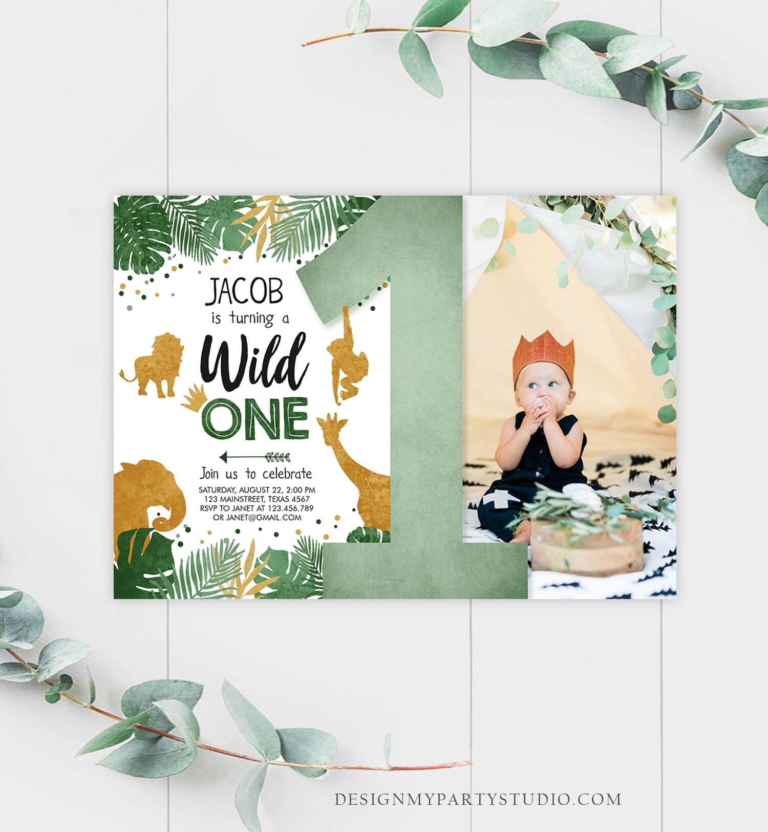 Editable Wild One Birthday Invitation Safari Animals Green Gold Jungle Zoo Animals First Birthday 1st Printable Corjl Template Digital 0016