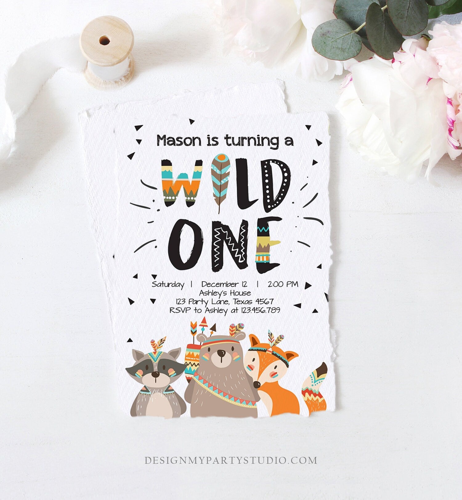 Editable Tribal Wild One Birthday Invitation Boho Woodland Animals Boy First Birthday Party Download Printable Corjl Template Digital 0061