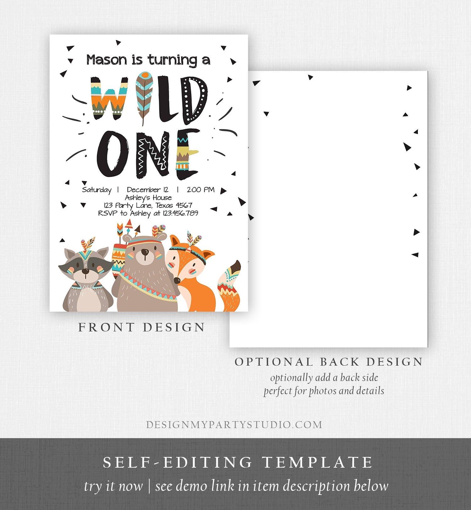 Editable Tribal Wild One Birthday Invitation Boho Woodland Animals Boy First Birthday Party Download Printable Corjl Template Digital 0061