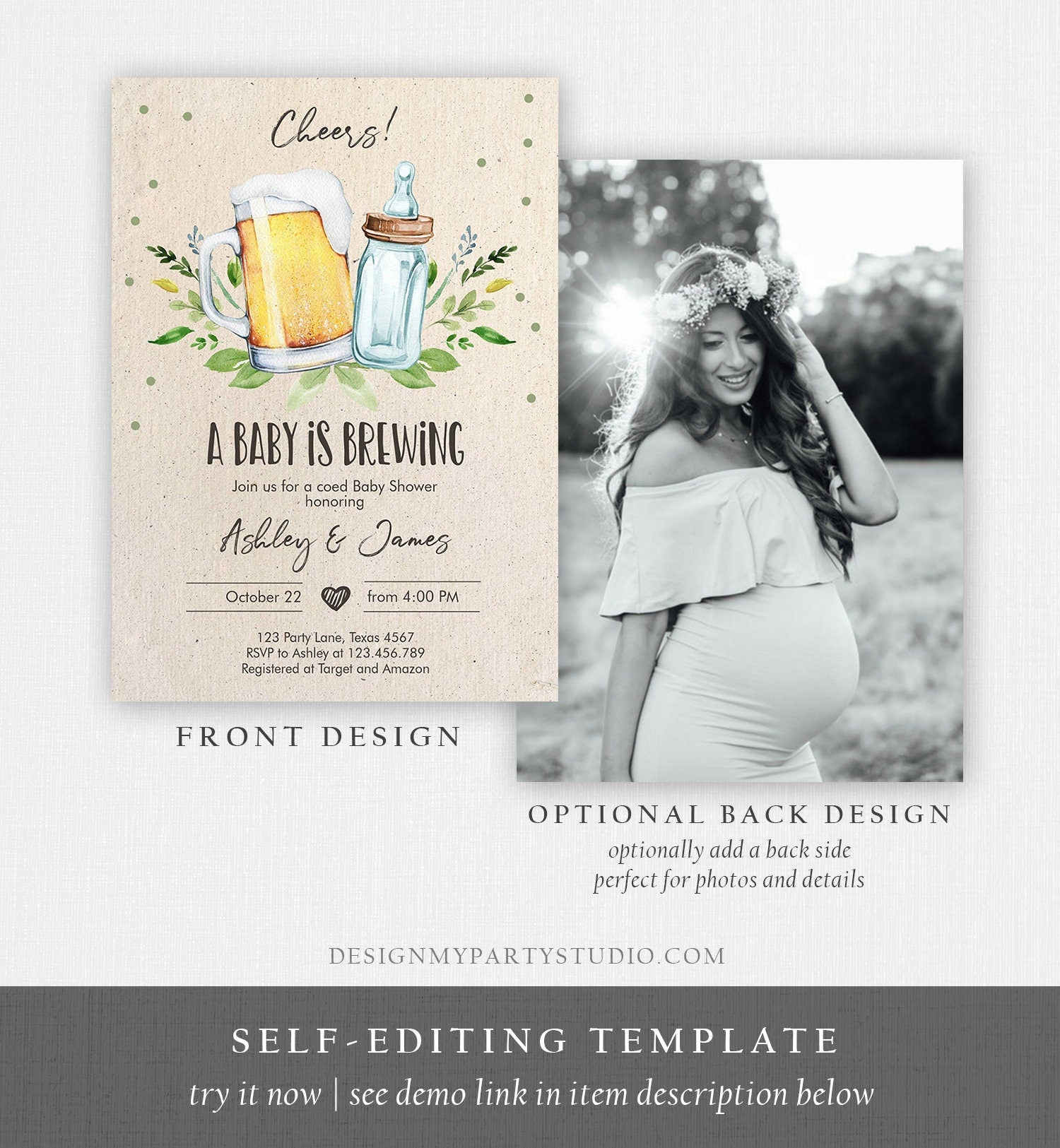 Editable A Baby is Brewing Invitation Bottle and Beers Baby Shower Cheers Coed Couples Shower Download Corjl Template Printable 0190