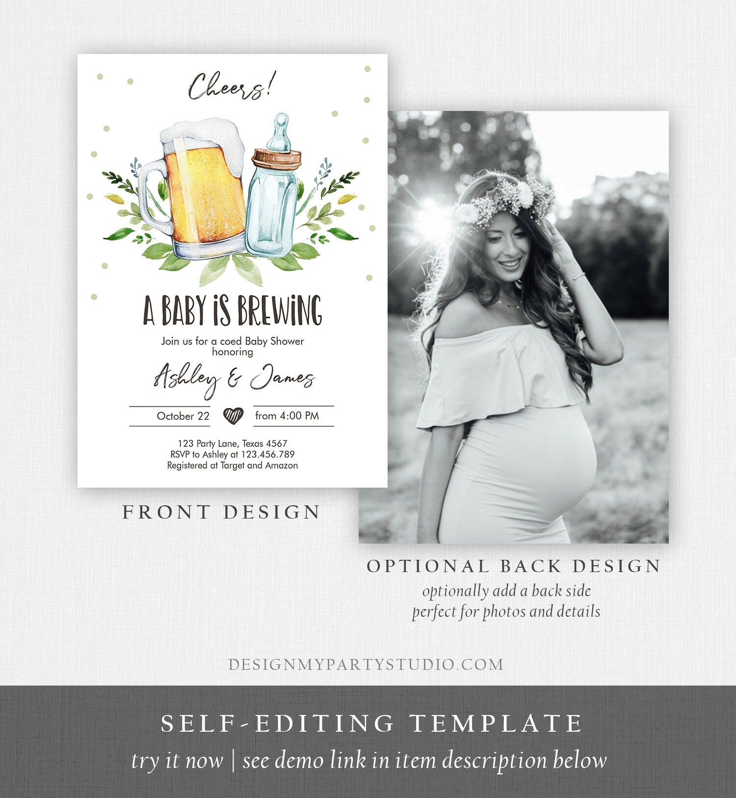 Editable A Baby is Brewing Invitation Bottle and Beers Baby Shower Cheers Coed Couples Shower Download Printable Template Corjl 0190