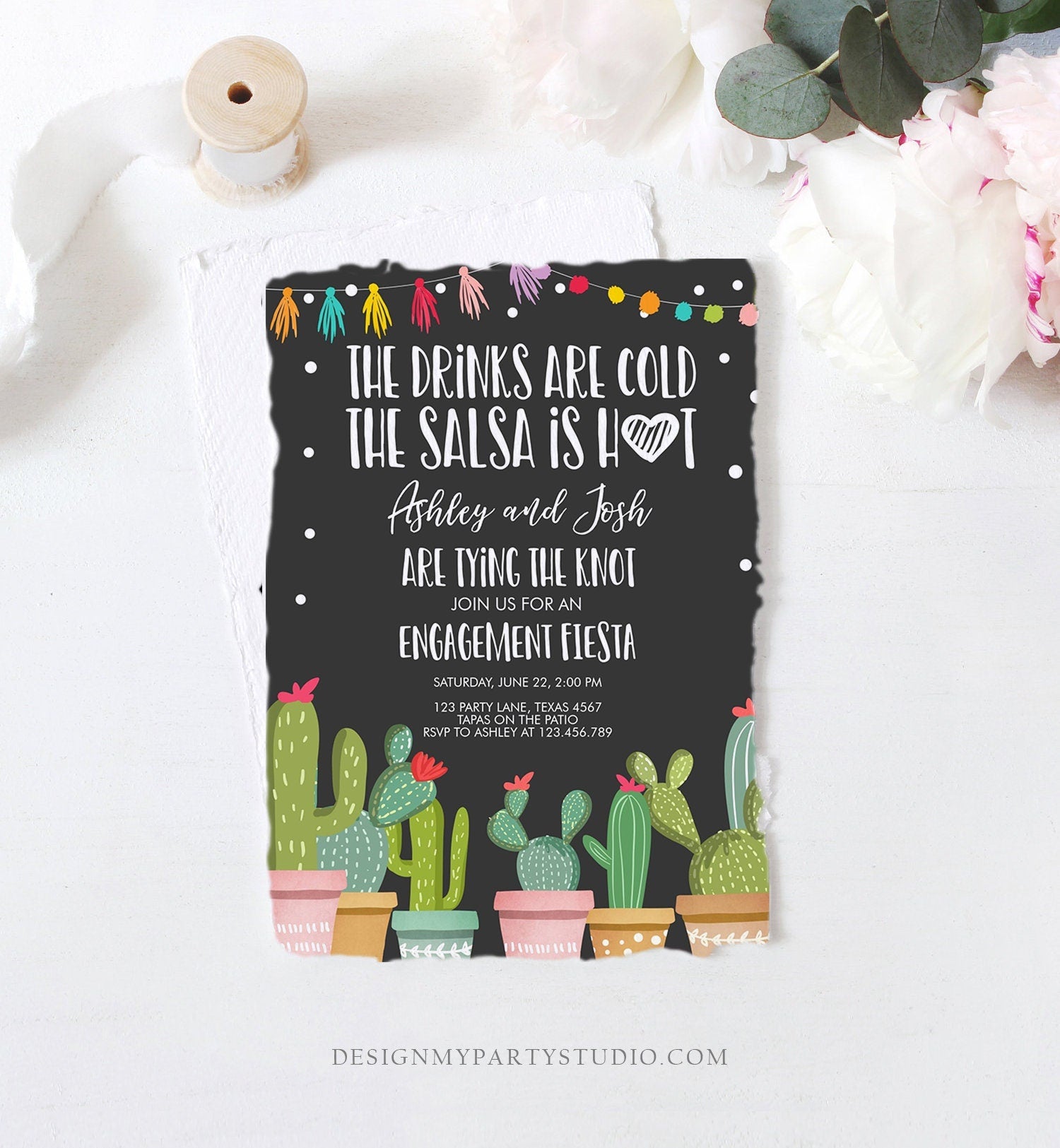 Editable Fiesta Engagement Invitation Bridal Shower Couples Shower Cactus Drinks Cold Salsa is Hot Tying Knot Printable Corjl Template 0254