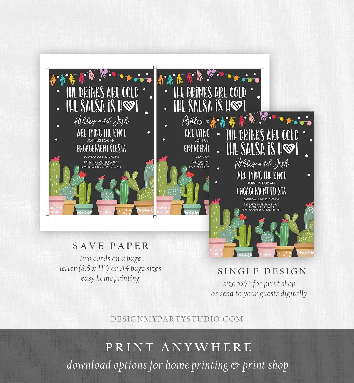 Editable Fiesta Engagement Invitation Bridal Shower Couples Shower Cactus Drinks Cold Salsa is Hot Tying Knot Printable Corjl Template 0254