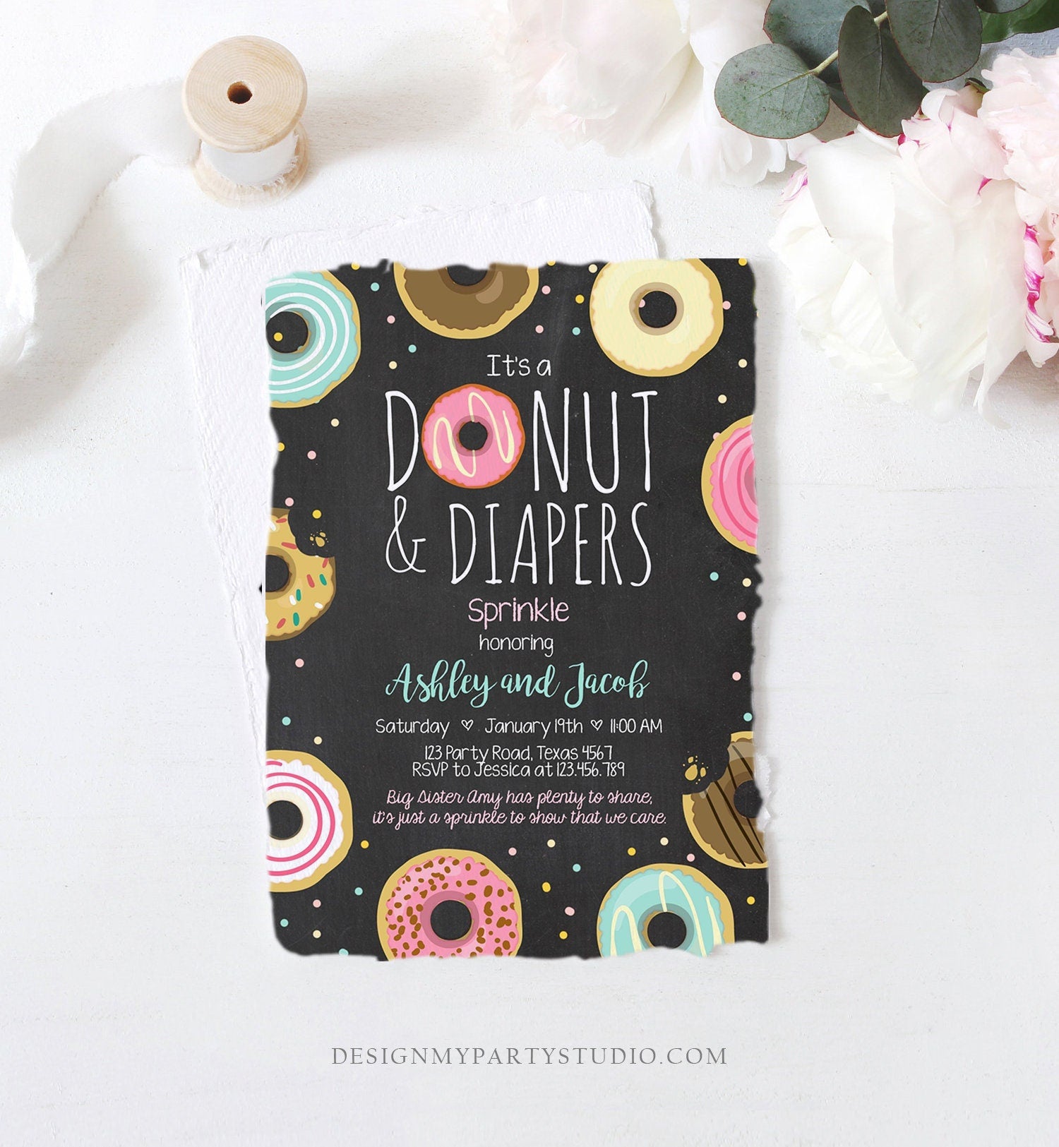 Editable Donut and Diapers Sprinkle Invitation Sprinkled With Love Coed Shower Couples Digital Download Printable Evite Template 0050