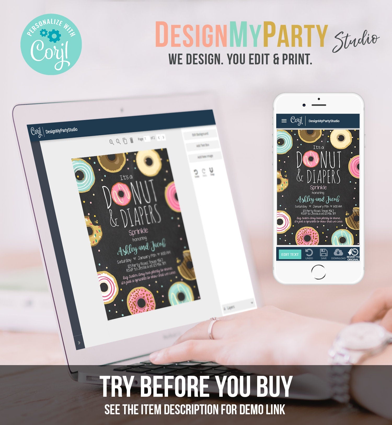 Editable Donut and Diapers Sprinkle Invitation Sprinkled With Love Coed Shower Couples Digital Download Printable Evite Template 0050