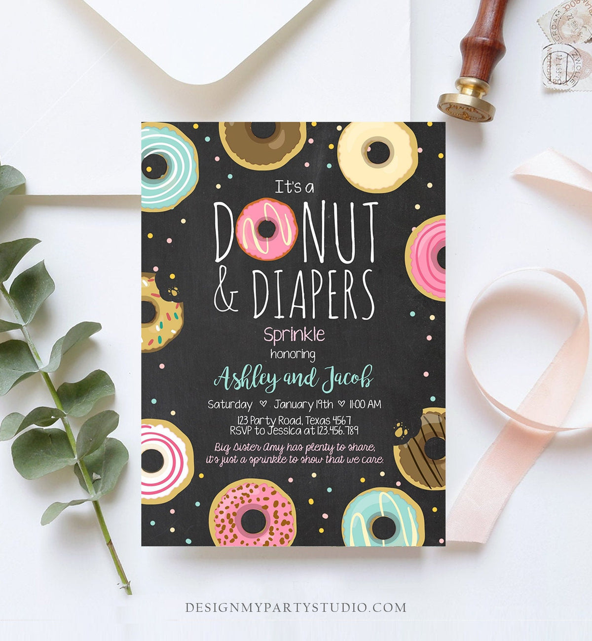 Editable Donut and Diapers Sprinkle Invitation Sprinkled With Love Coed Shower Couples Digital Download Printable Evite Template 0050