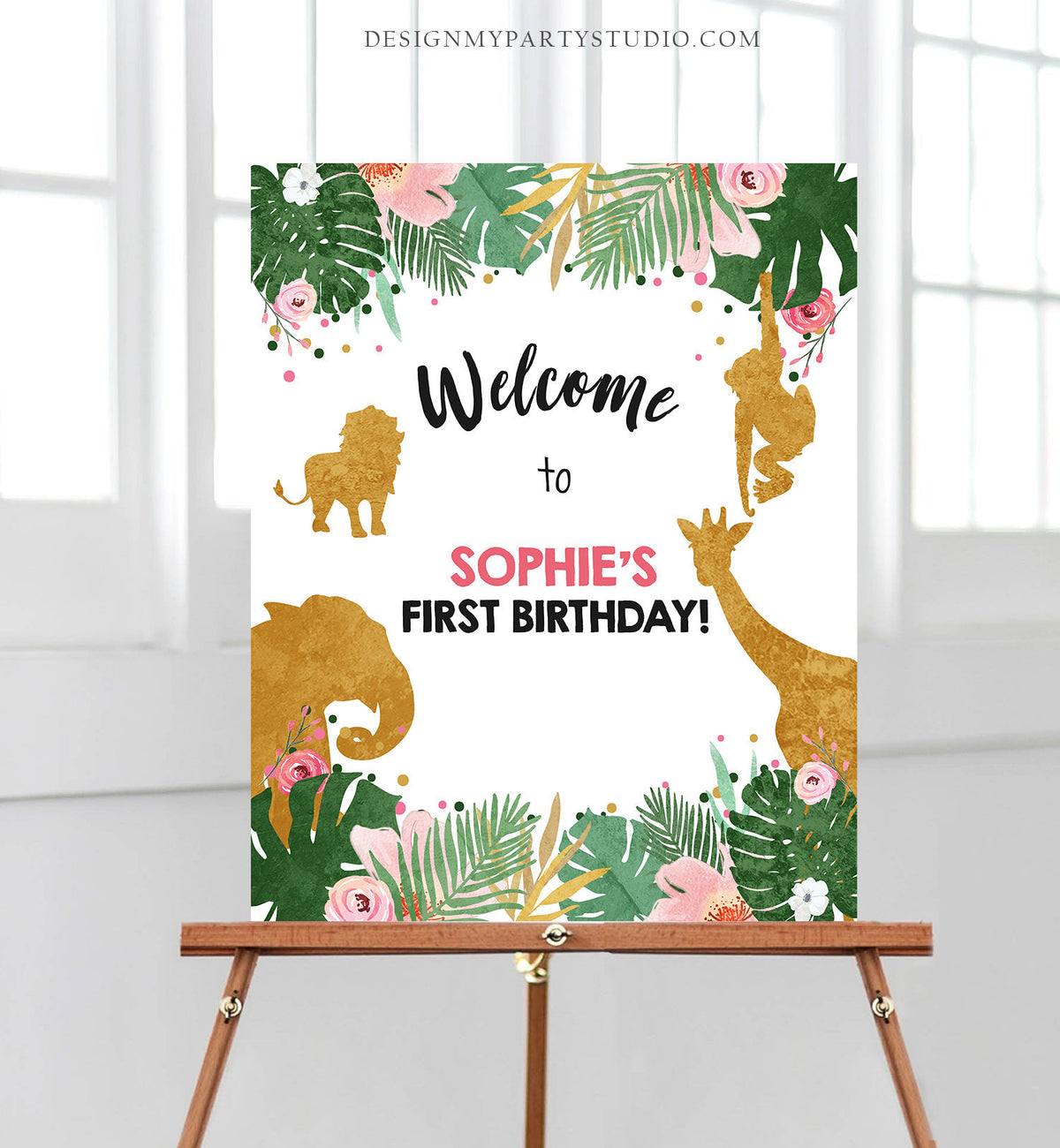 Editable Safari Animals Welcome Sign Wild One Party Animals Sign Zoo Jungle Table Sign Pink Gold Girl Corjl Template Download PRINTABLE 0016