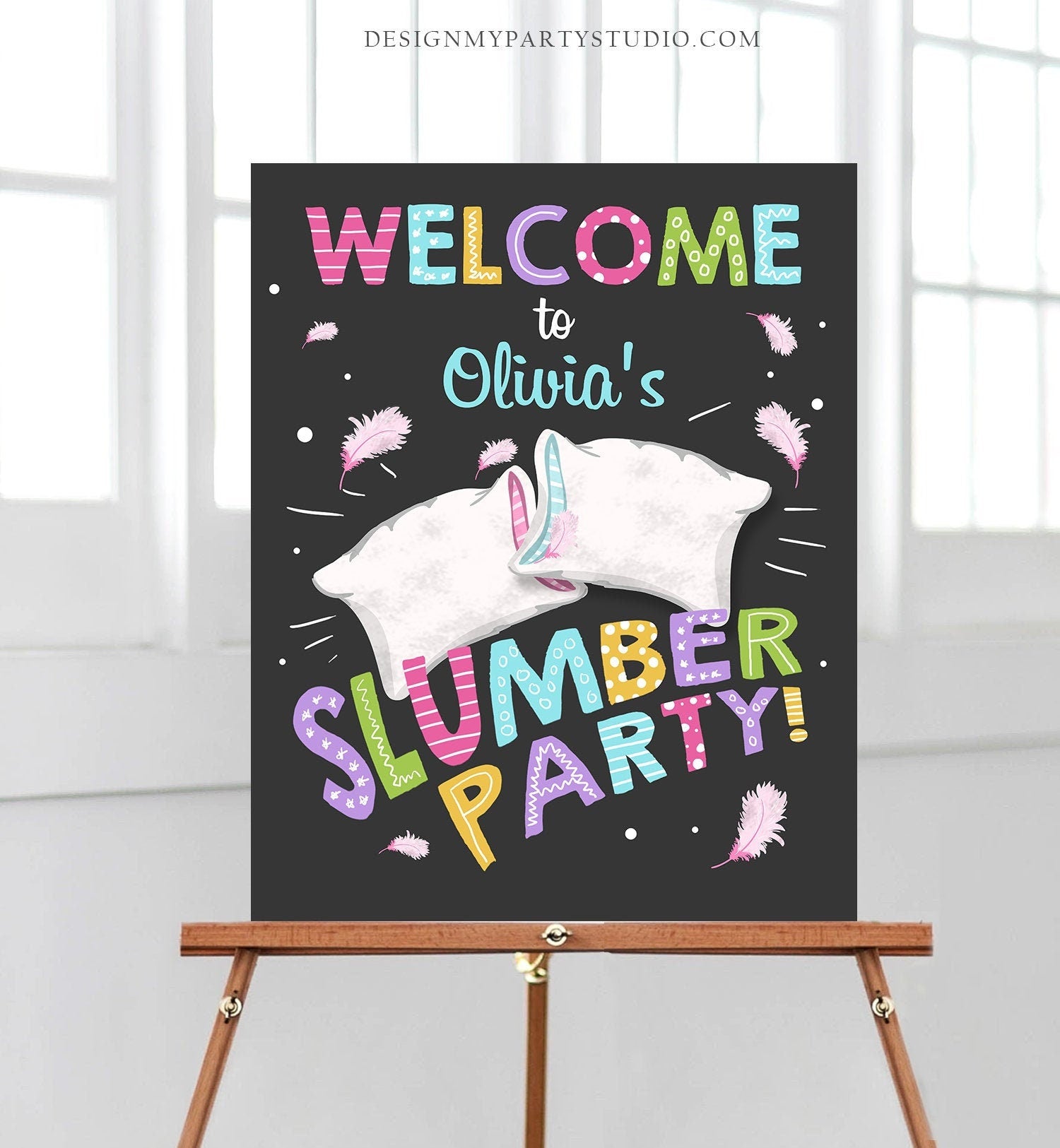 Editable Slumber Party Birthday Welcome Sign Sleepover Pajamas Pillow Fight Movie Night Table Sign Digital Download Template Printable 0067