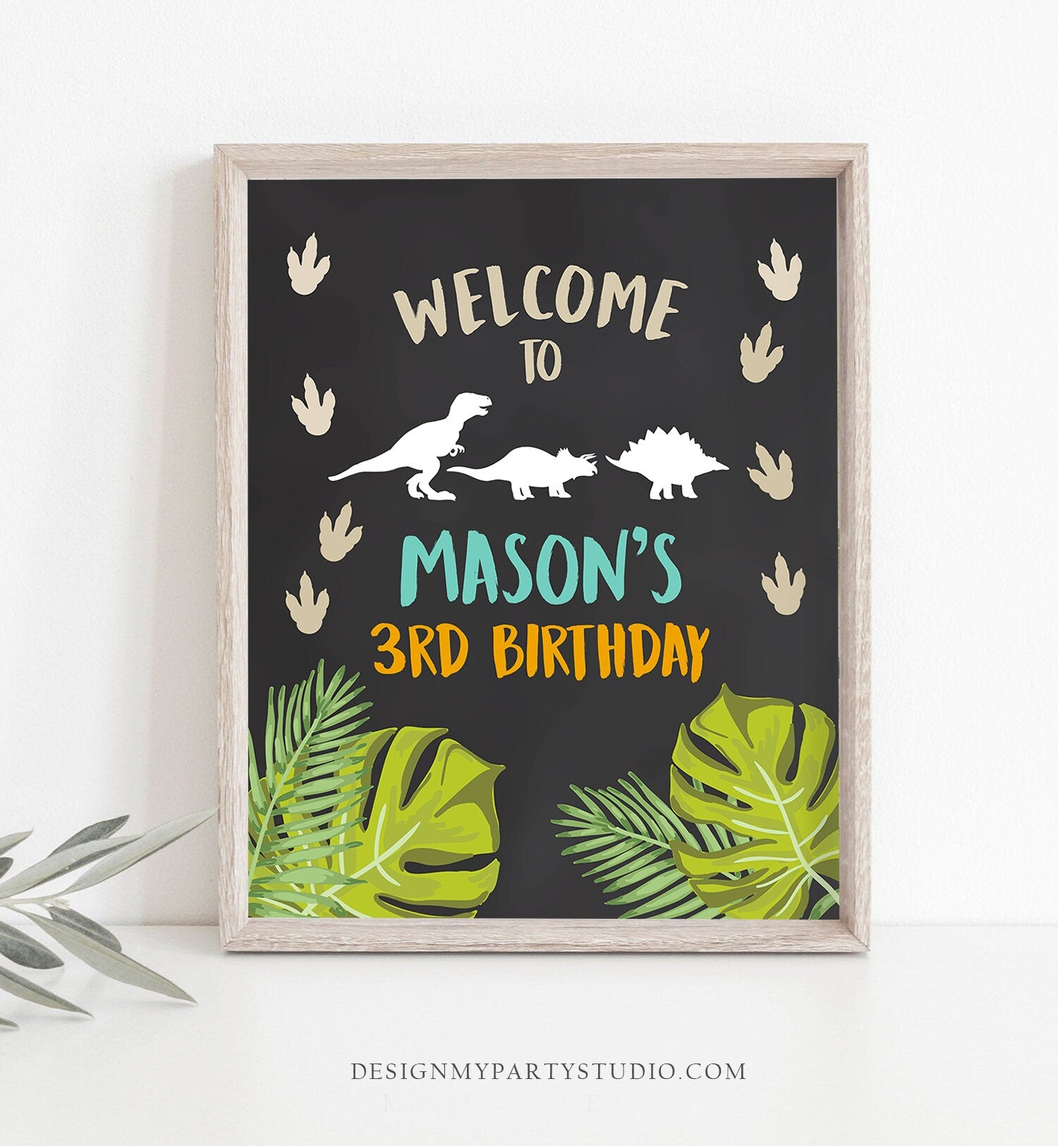 Editable Dinosaur Welcome Sign Birthday Party Table Sign Welcome Dino Dig Party Boy Chalk Digital Download Template Printable Corjl 0043