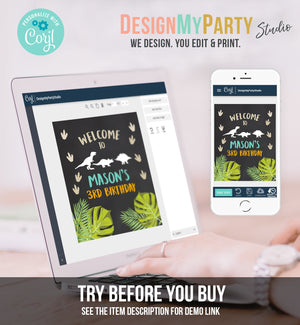 Editable Dinosaur Welcome Sign Birthday Party Table Sign Welcome Dino Dig Party Boy Chalk Digital Download Template Printable Corjl 0043