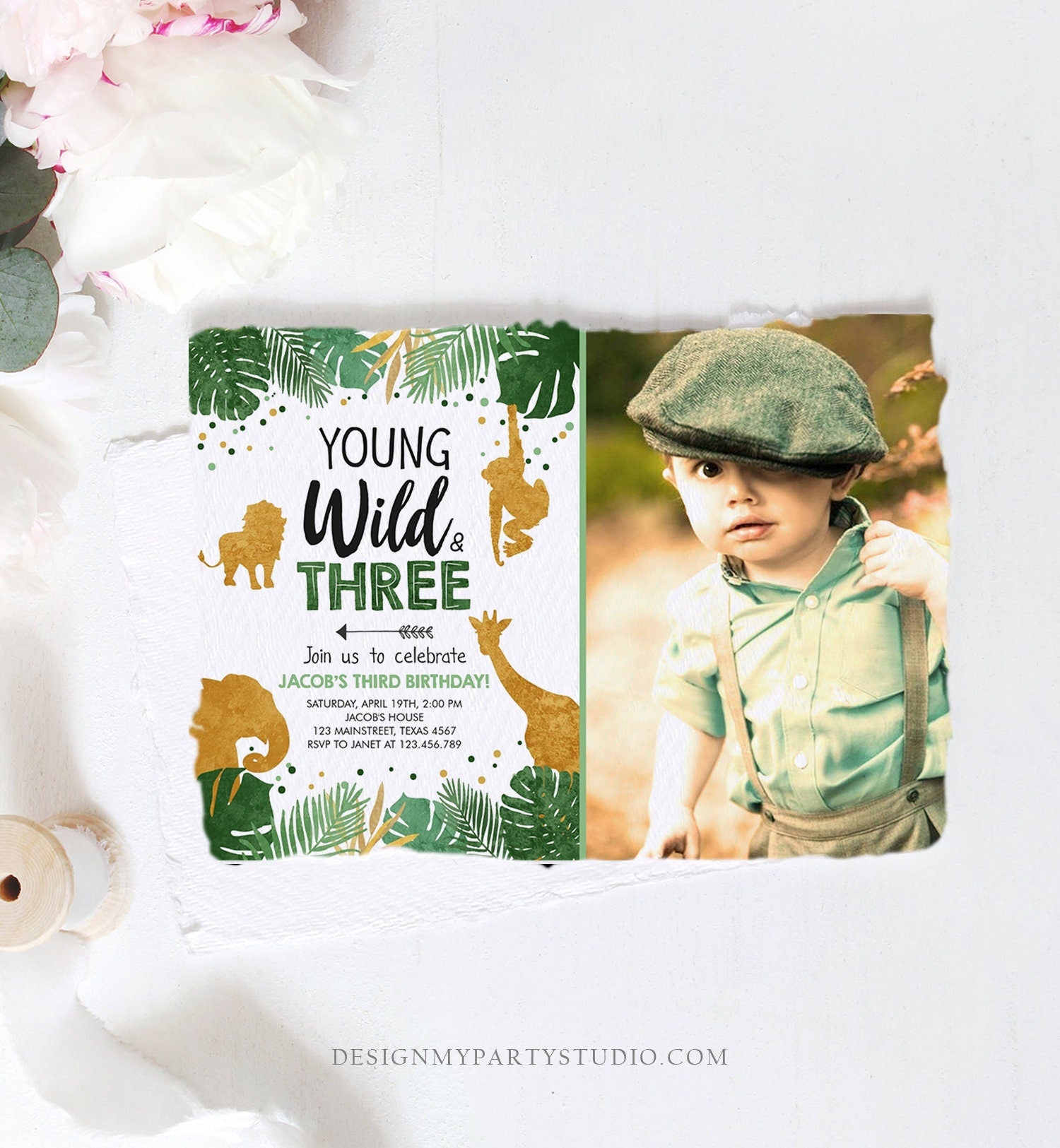 Editable Young Wild and Three Birthday Invitation Safari Animals Zoo Jungle Boy Gold 3rd Birthday Third Photo Printable Corjl Template 0016