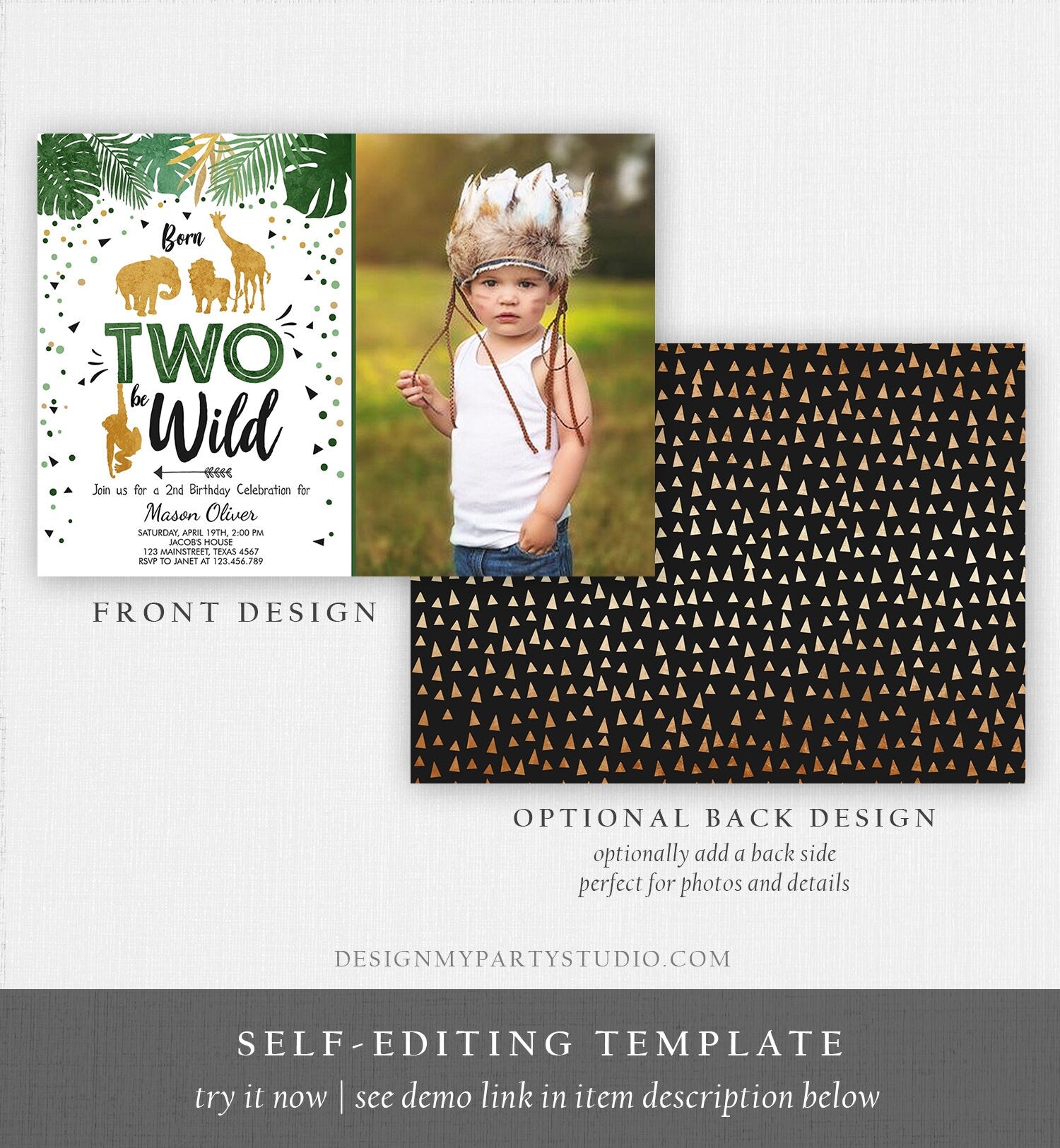 Editable Born Two Be Wild Birthday Invitation Safari Animals Jungle Zoo Boy Second Birthday 2nd Green Gold Printable Corjl Template 0016