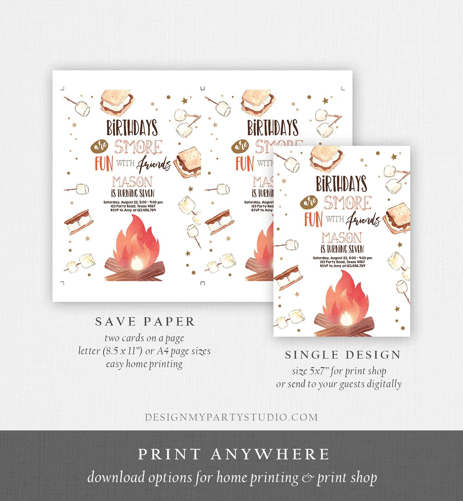 Editable S'more Birthday Invitation Bonfire Invitation Camping Smore Fun with Friends Digital Download Evite Template Printable 0179