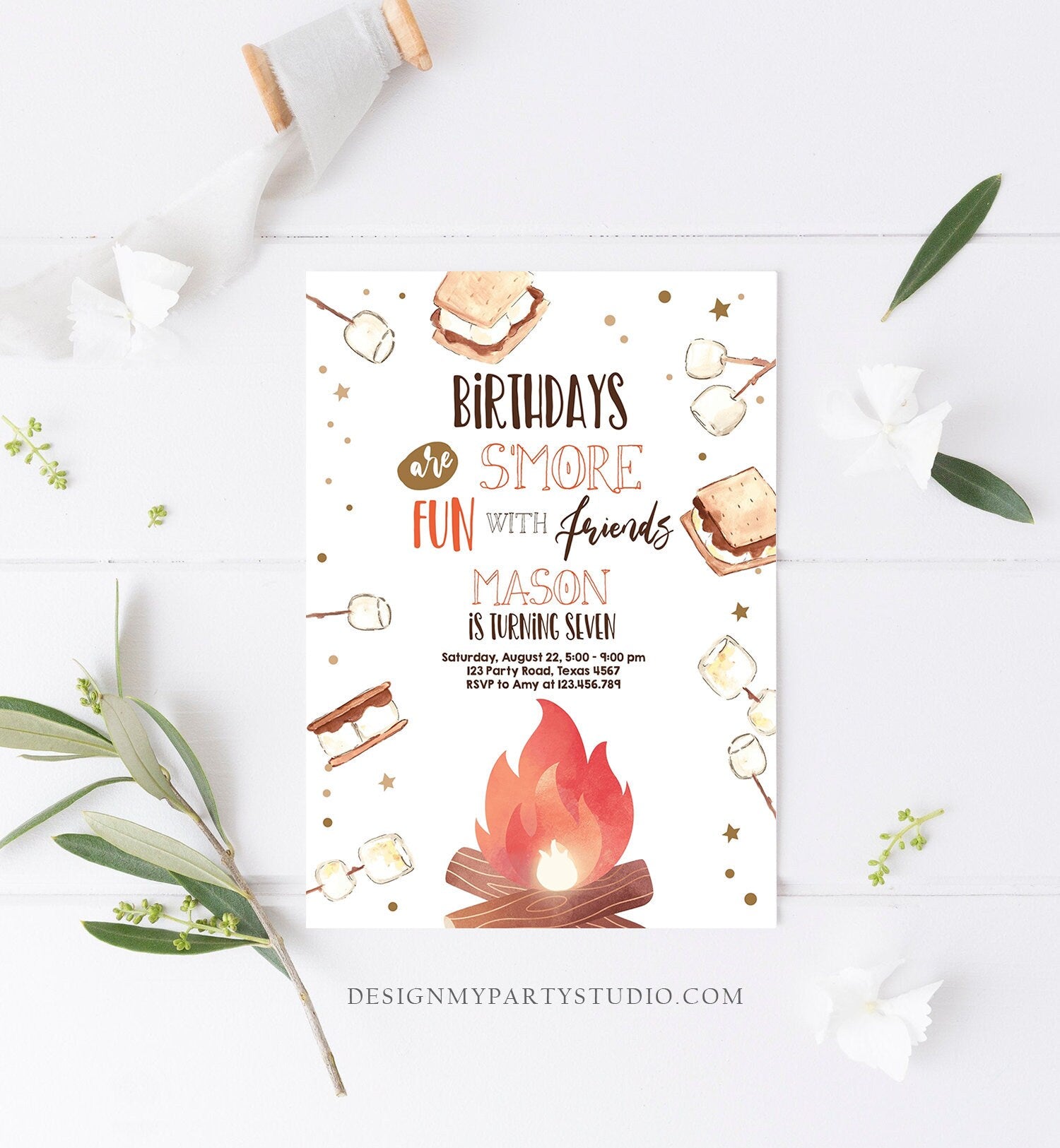 Editable S'more Birthday Invitation Bonfire Invitation Camping Smore Fun with Friends Digital Download Evite Template Printable 0179