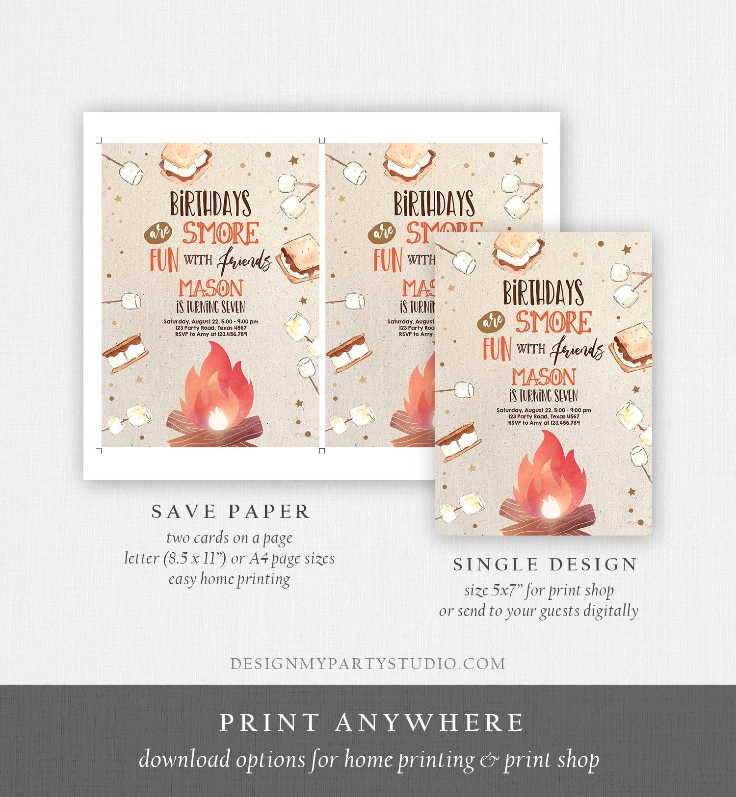 Editable S'more Birthday Invitation Bonfire Invitation Camping Smore Fun with Friends Download Printable Invitation Template Digital 0179