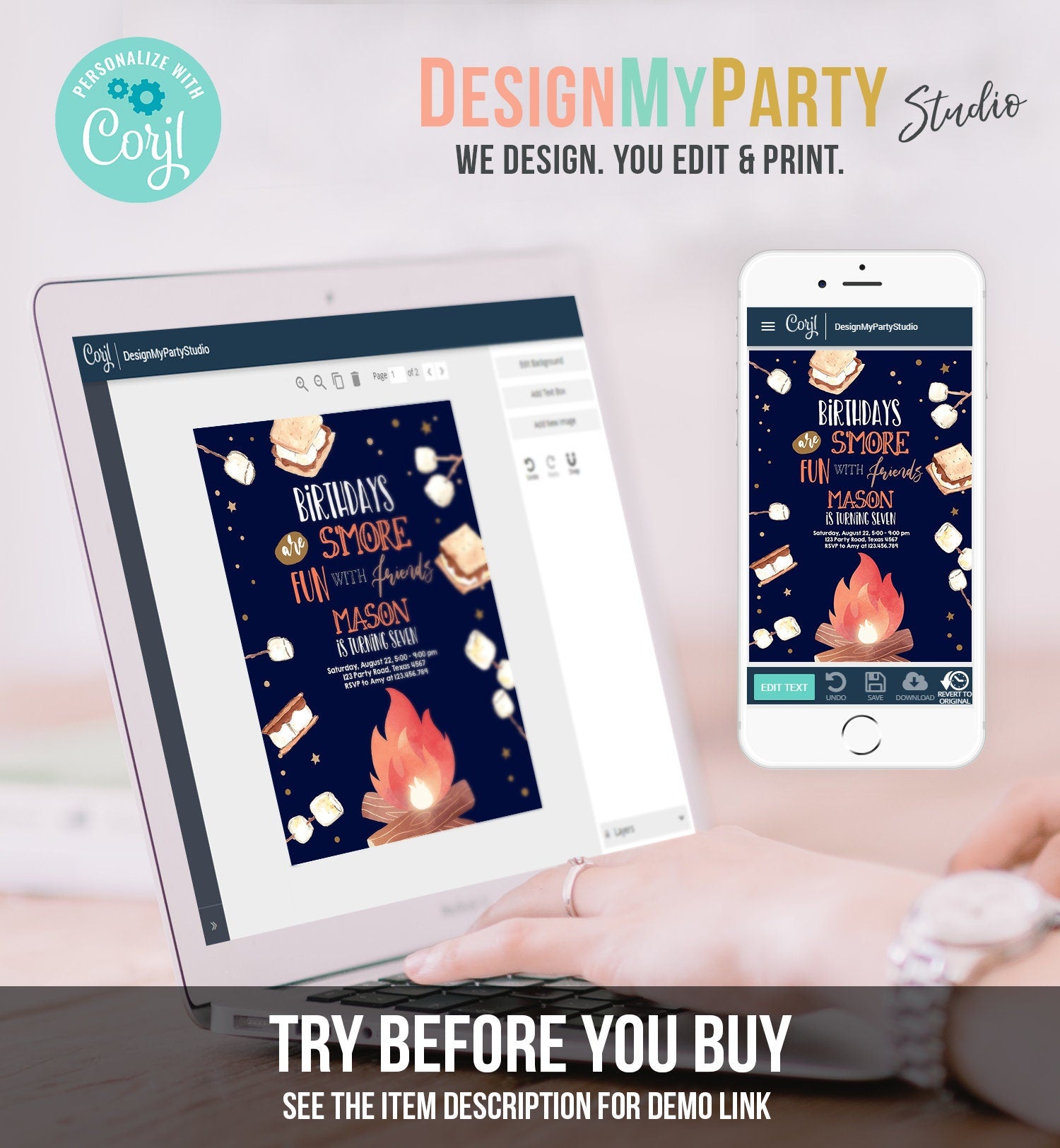 Editable S'more Birthday Invitation Bonfire Invitation Camping Smore Fun with Friends Download Printable Invitation Template Digital 0179